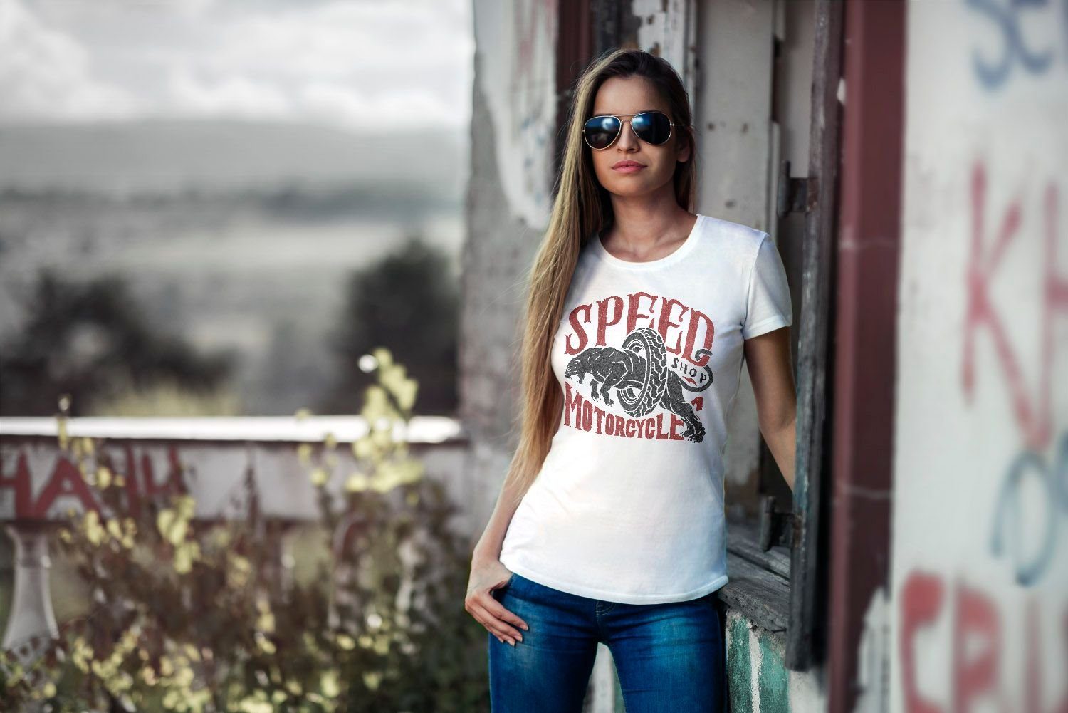 Print-Shirt Neverless Motorrad Vintage mit T-Shirt Retro Fit Slim weiß Damen Neverless® Biker Print