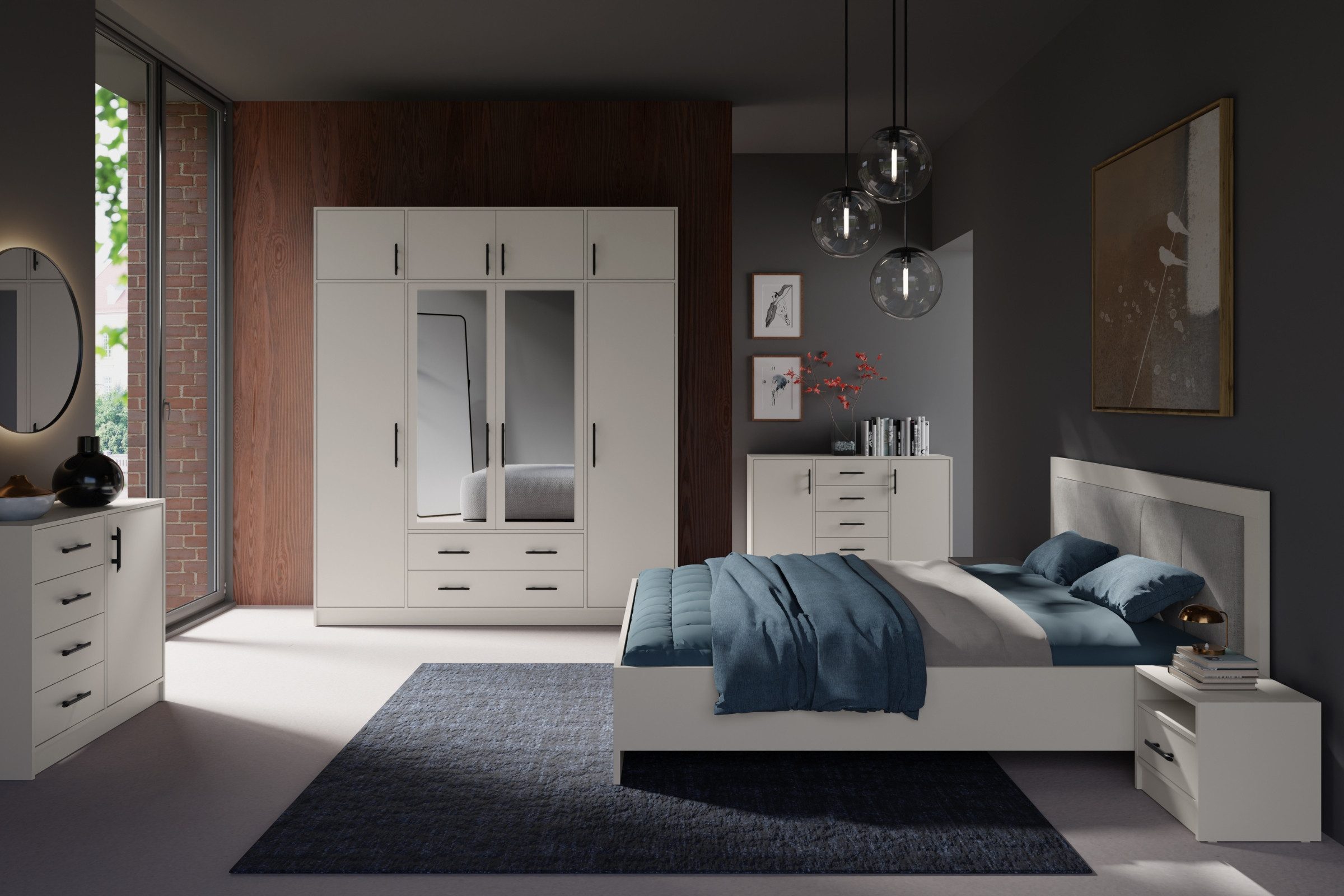Deine Möbel 24 Kleiderschrank SAM SRL3 2-türig mit Schubladen, Farbe: Cashmere, mit Aufsatz optional (Set, 2-St., 100 cm breit, mit Stauraum) Drehtürenschrank mit Spiegel für Schlafzimmer Flur Garderobe
