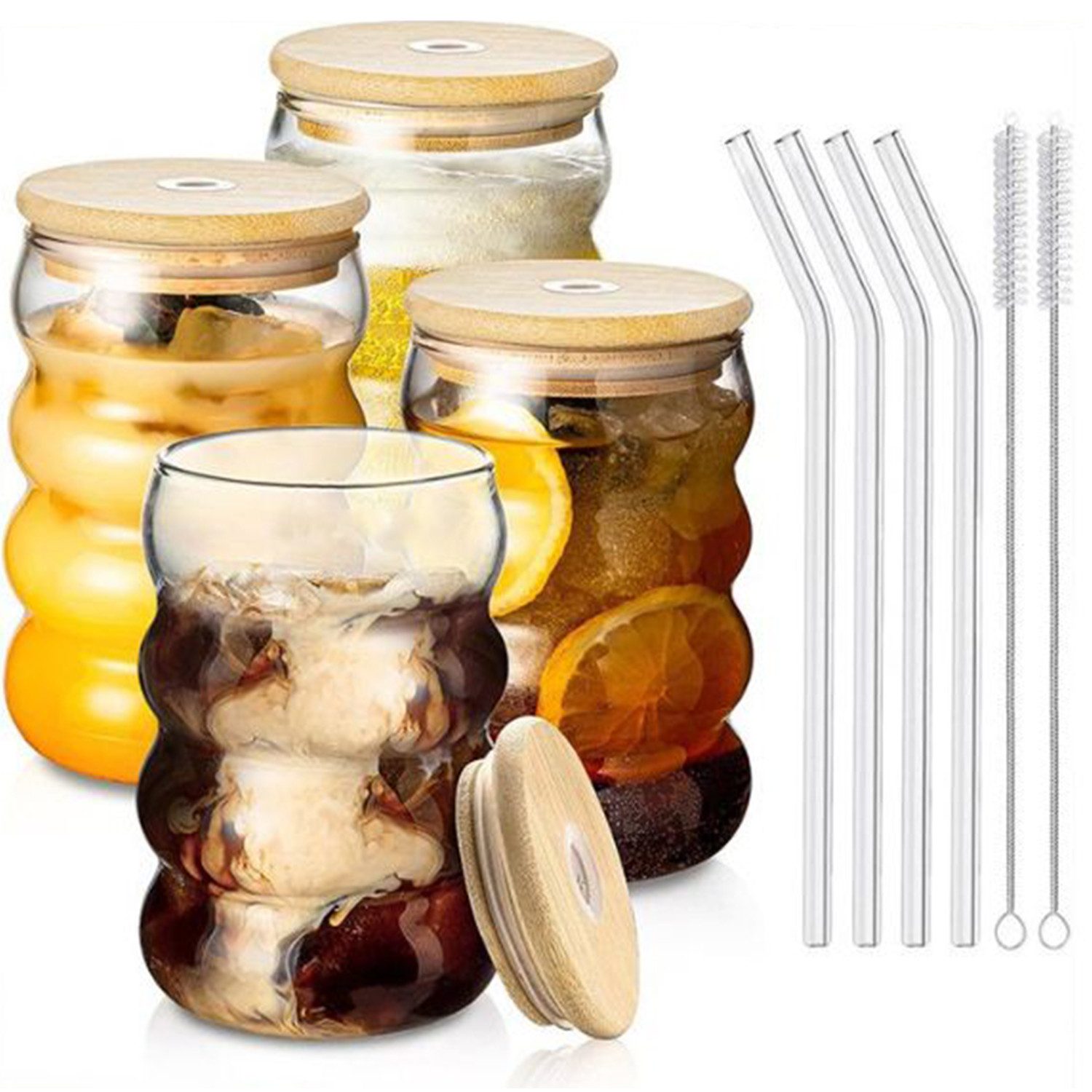 Refined Living Gläser-Set Trinkgläser gewellt 4er Set 350ml mit deckel, Glasstrohhalmen, Bürsten, Glas, gerippte trinkgläser bubble gläser, wave gläser, Cocktail Gläser