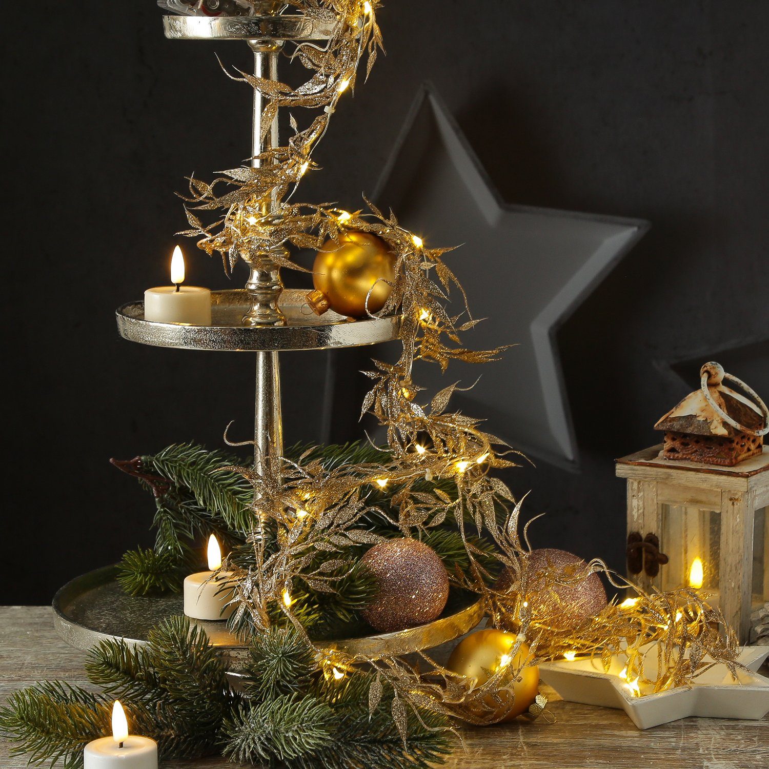 MARELIDA LED-Lichterkette Drahtlichterkette glitzernde Blätter Deko Girlande biegsam 150cm gold, 30-flammig