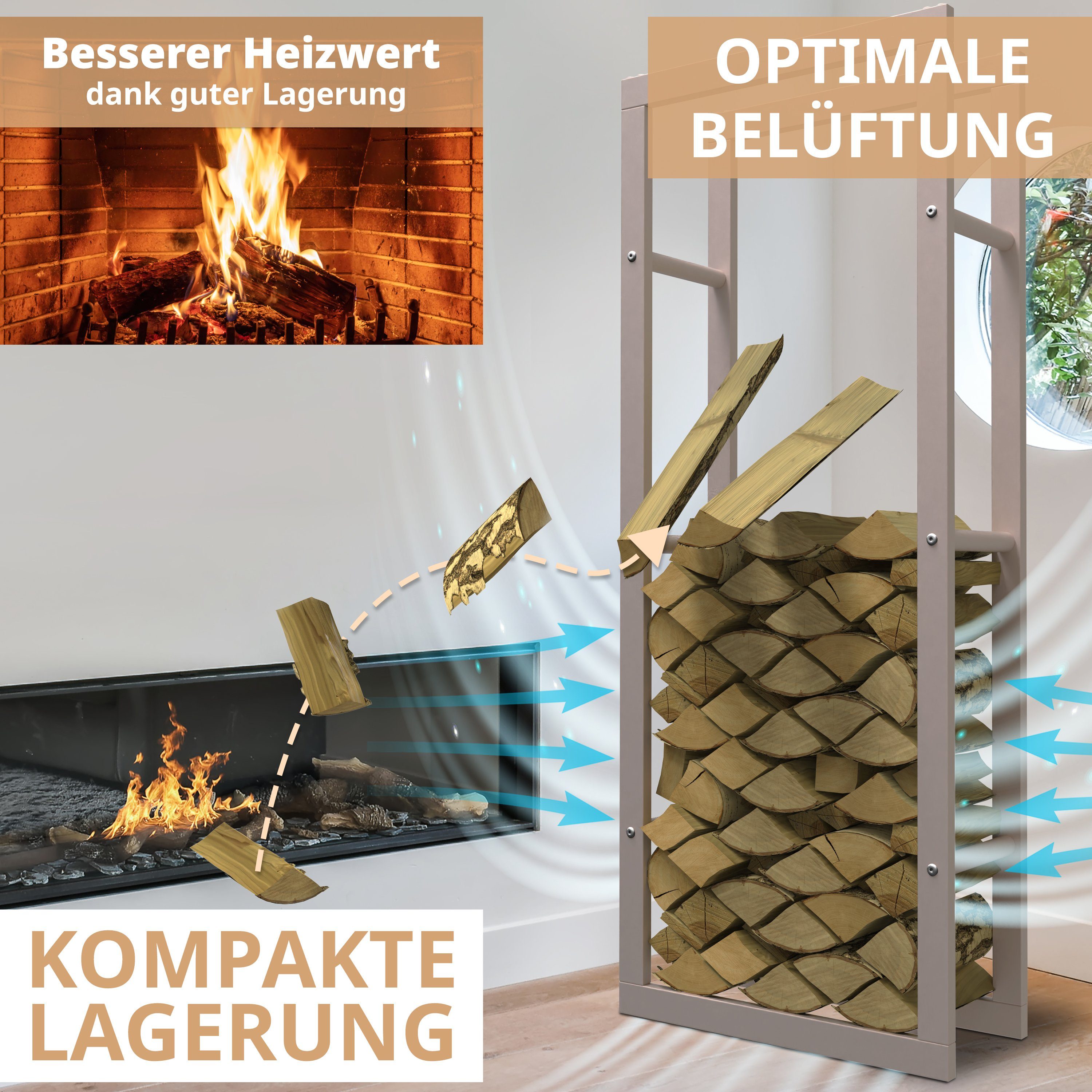 Living CREMEWEIß cm, and LAWA pulverbeschichtet, Brennholz, Kaminholzregal / liegend, verzinkt, Kaminholzhalter stehend, außen BEIGE BxTxH:60x25x150 Lifestyle Feuerholzregal Stapelhilfe innen