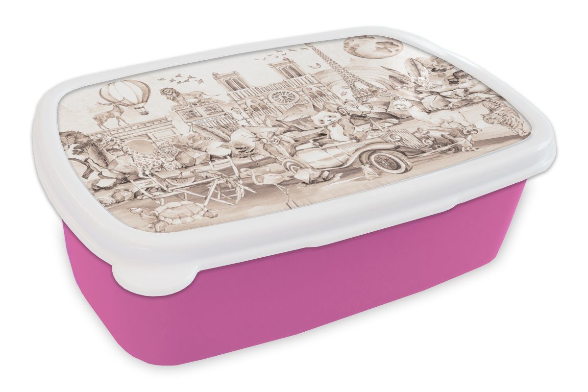 MuchoWow Lunchbox Kinder - Paris - Panda - Tiere - Heißluftballon, Kunststoff, (2-tlg), Brotbox für Erwachsene, Brotdose Kinder, Snackbox, Mädchen, Kunststoff rosa