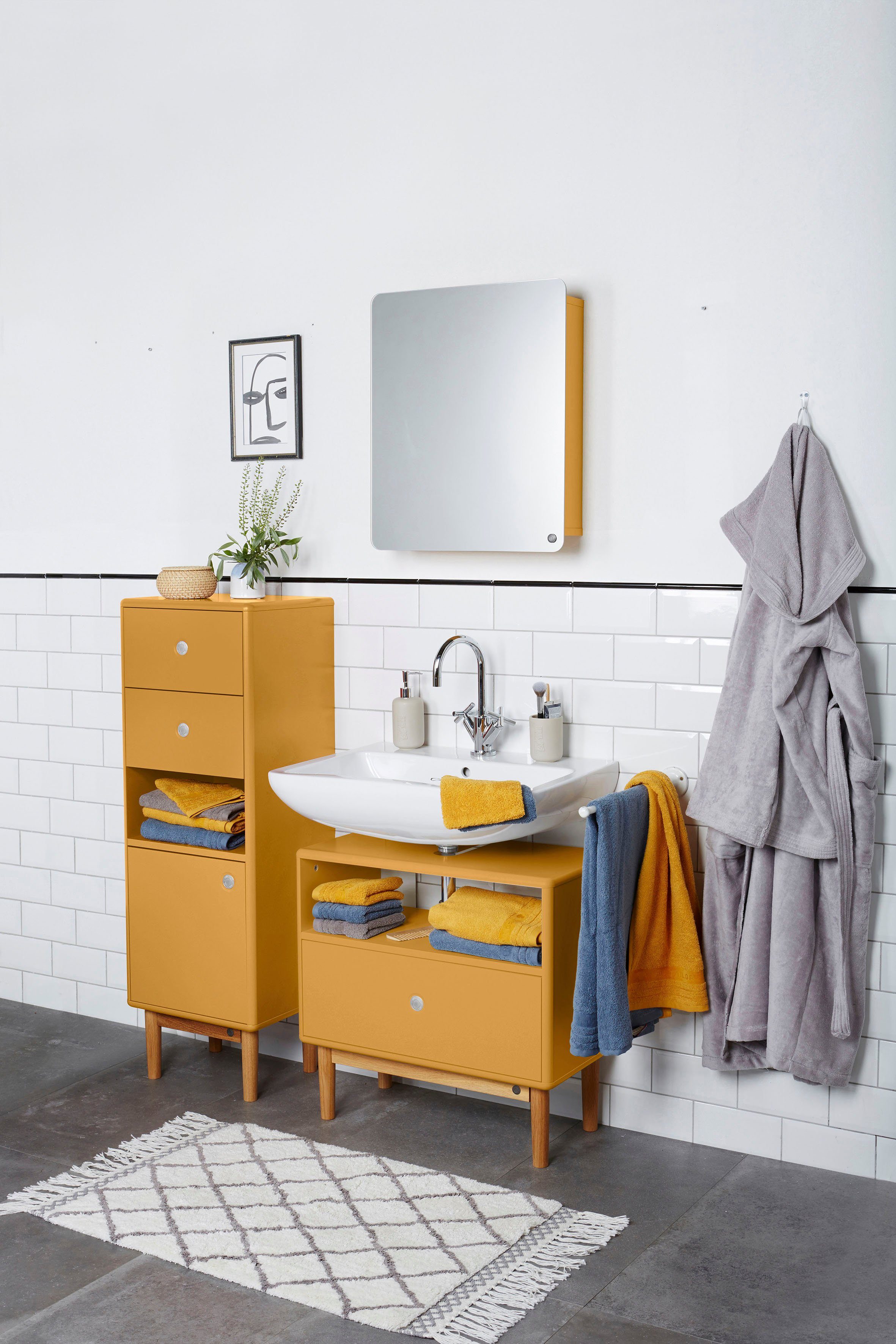 TOM TAILOR HOME BATH 65 COLOR Waschbeckenunterschrank Eiche, mit mustard Breite cm Schublade, mit mit Füßen in Push-to-Open