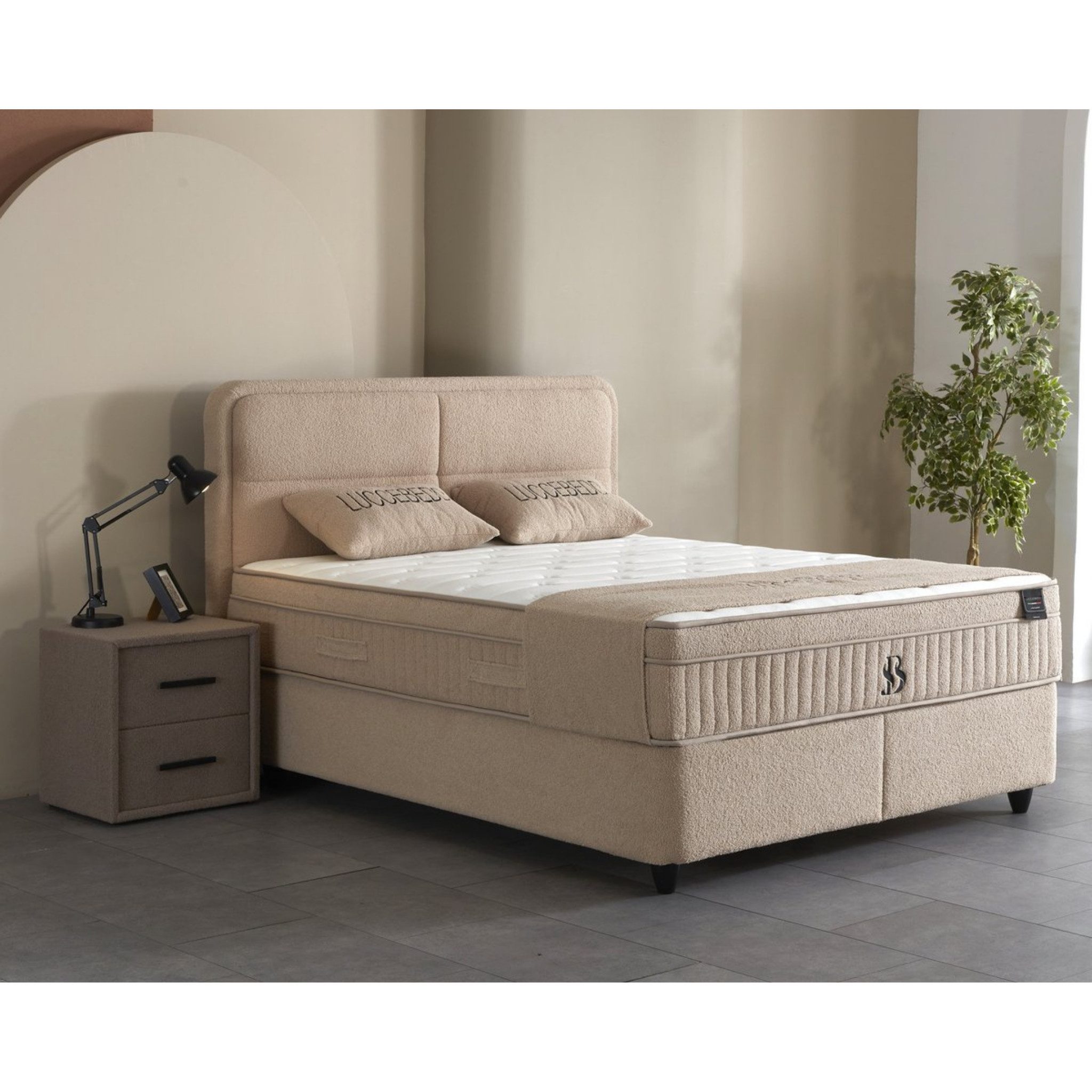 gowoll Boxspringbett LUSIA Bett Set Boxpringbett mit Matratze Stauraumbett Doppelbett (Boxbett Set), Polsterbett Kontinentalbett, dekorativem Kopfteil