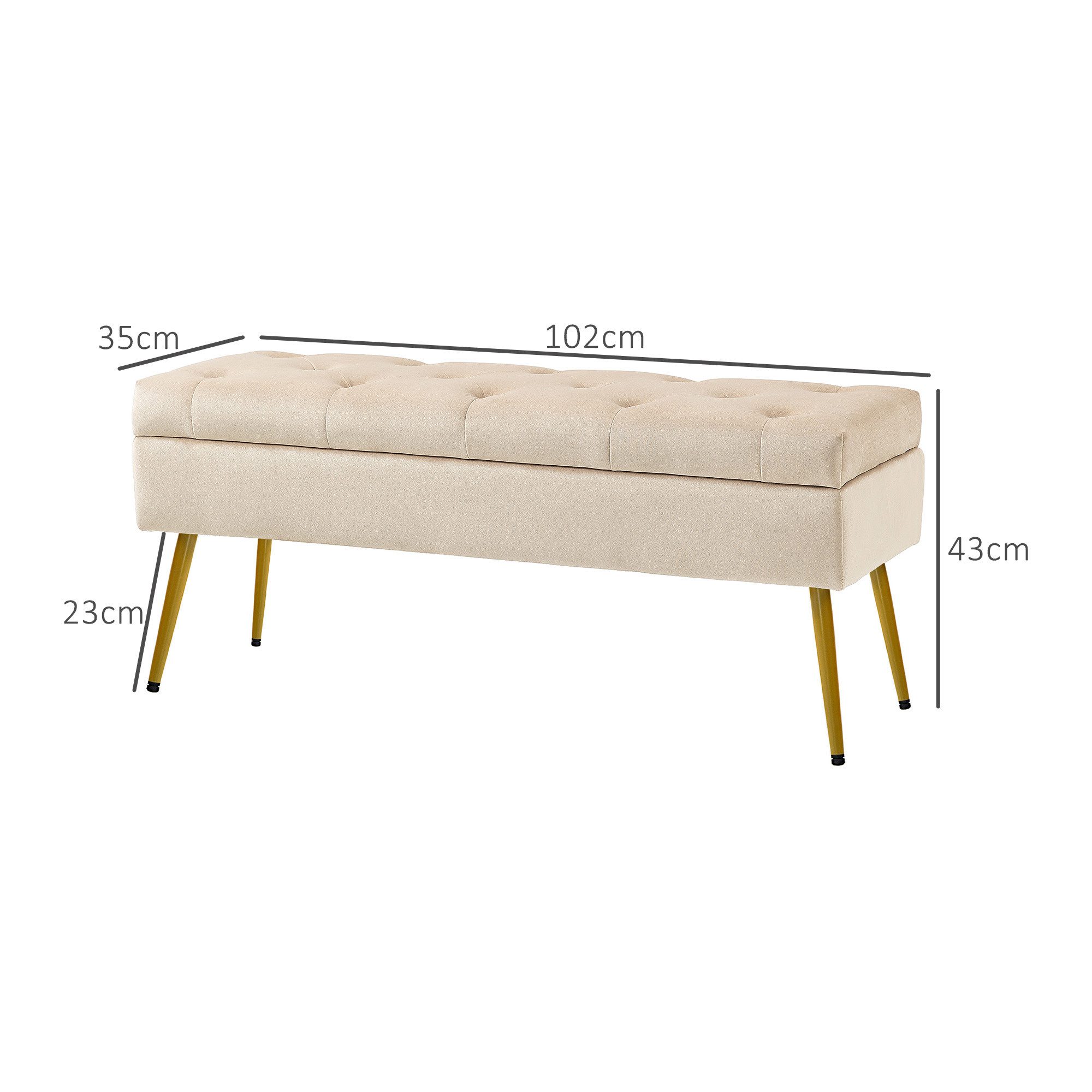 HOMCOM Sitzbank mit Stauraum, Deckel, Samtoptik (Truhenbank, 1-St., Polsterbank), für Flur Schlafzimmer Wohnzimmer, Metallrahmen 102 x 35 x 43 cm Beige