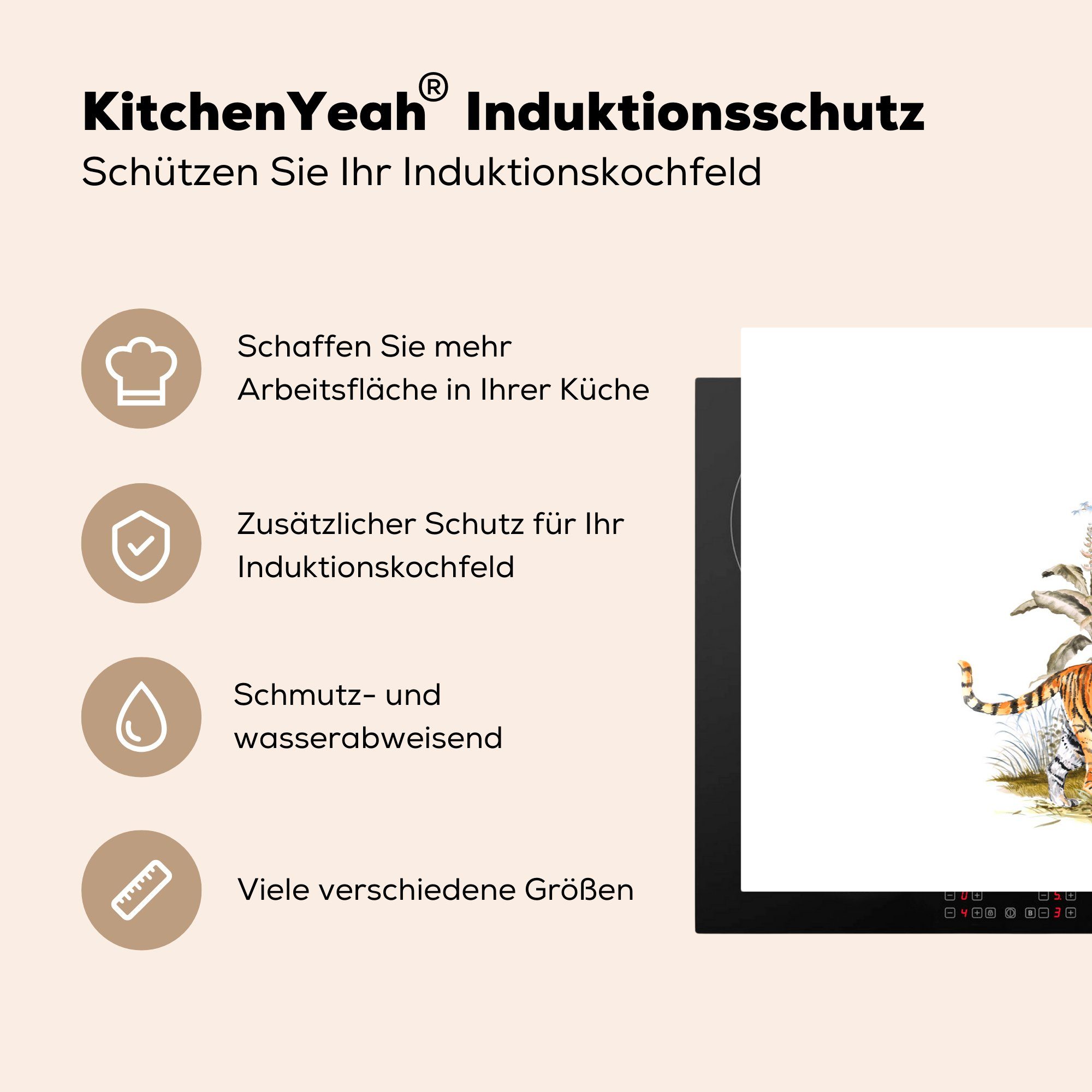 küche, Schutz Induktionskochfeld tlg), die - Schrein Herdblende-/Abdeckplatte 81x52 cm, Vinyl, für Tiger Wald, (1 Ceranfeldabdeckung - MuchoWow