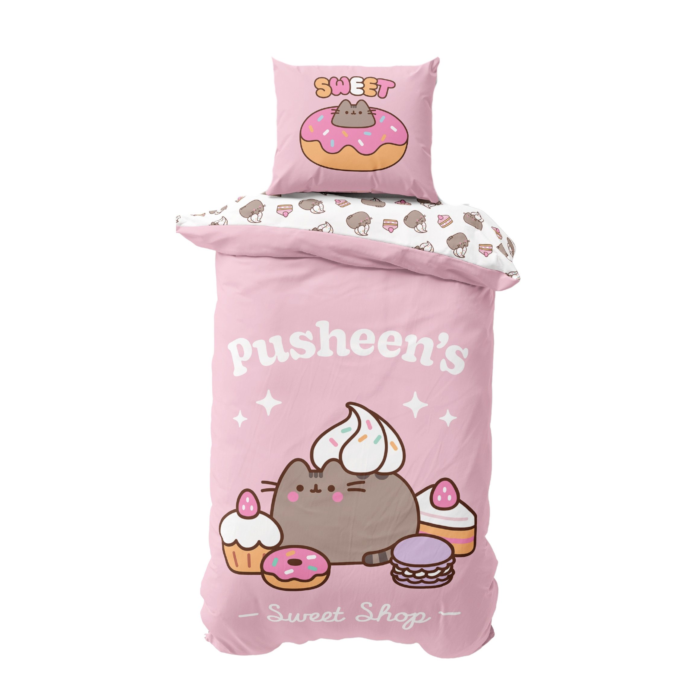 MTOnlinehandel Bettwäsche Pusheen Katze in 135x200 + 80x80 cm, Kawaii, Mikrofaser, 2 teilig, Wendebettwäsche für Kinder und Teenager, süß & niedlich