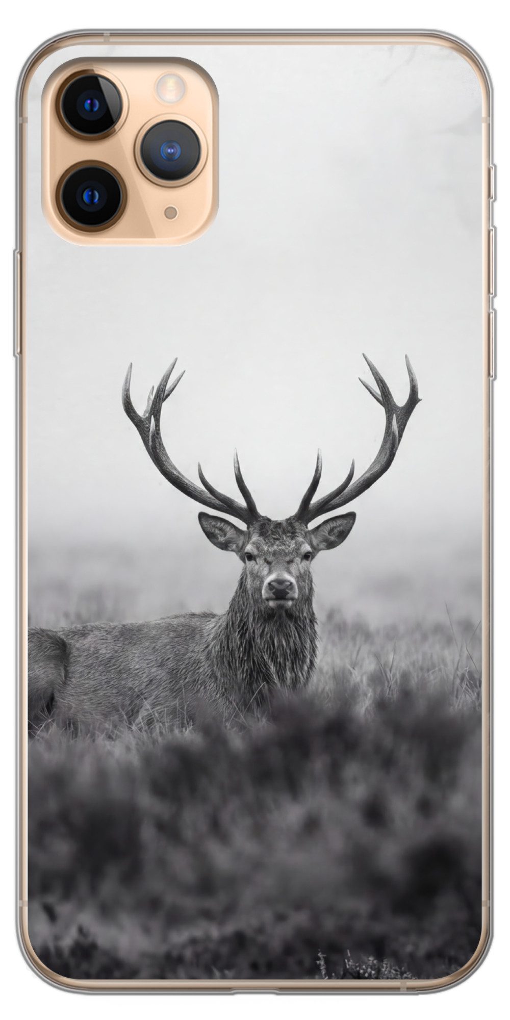 MuchoWow Handyhülle für Apple iPhone 11 Pro Max Hirsch - Neblig - Schwarz - Weiß, Smartphone-Bumper, Print, Handy Schutzhülle Dünn