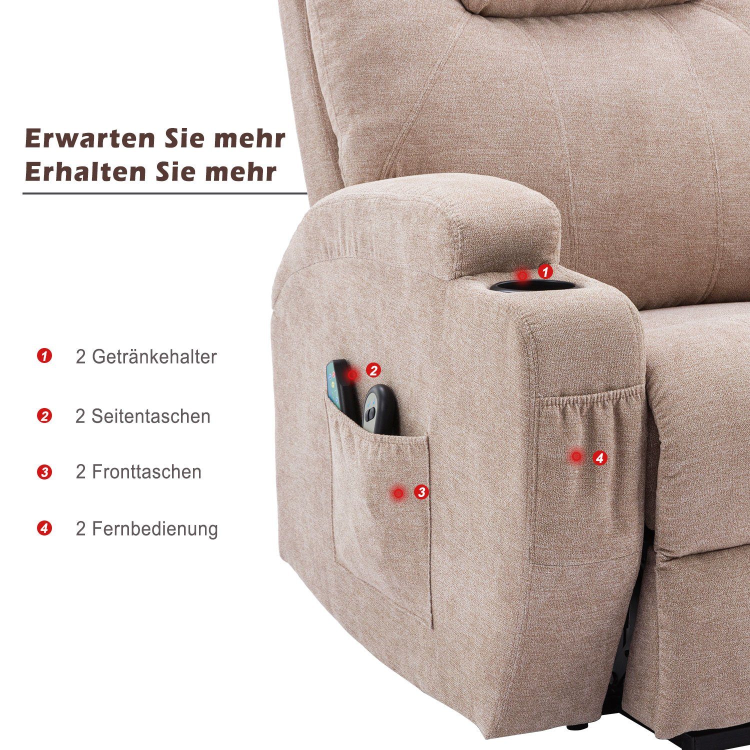 Massagesesel TV-Sessel relaxfuntion Verstellbarer Ulife mit Hellbraun Elektrisch Sesse