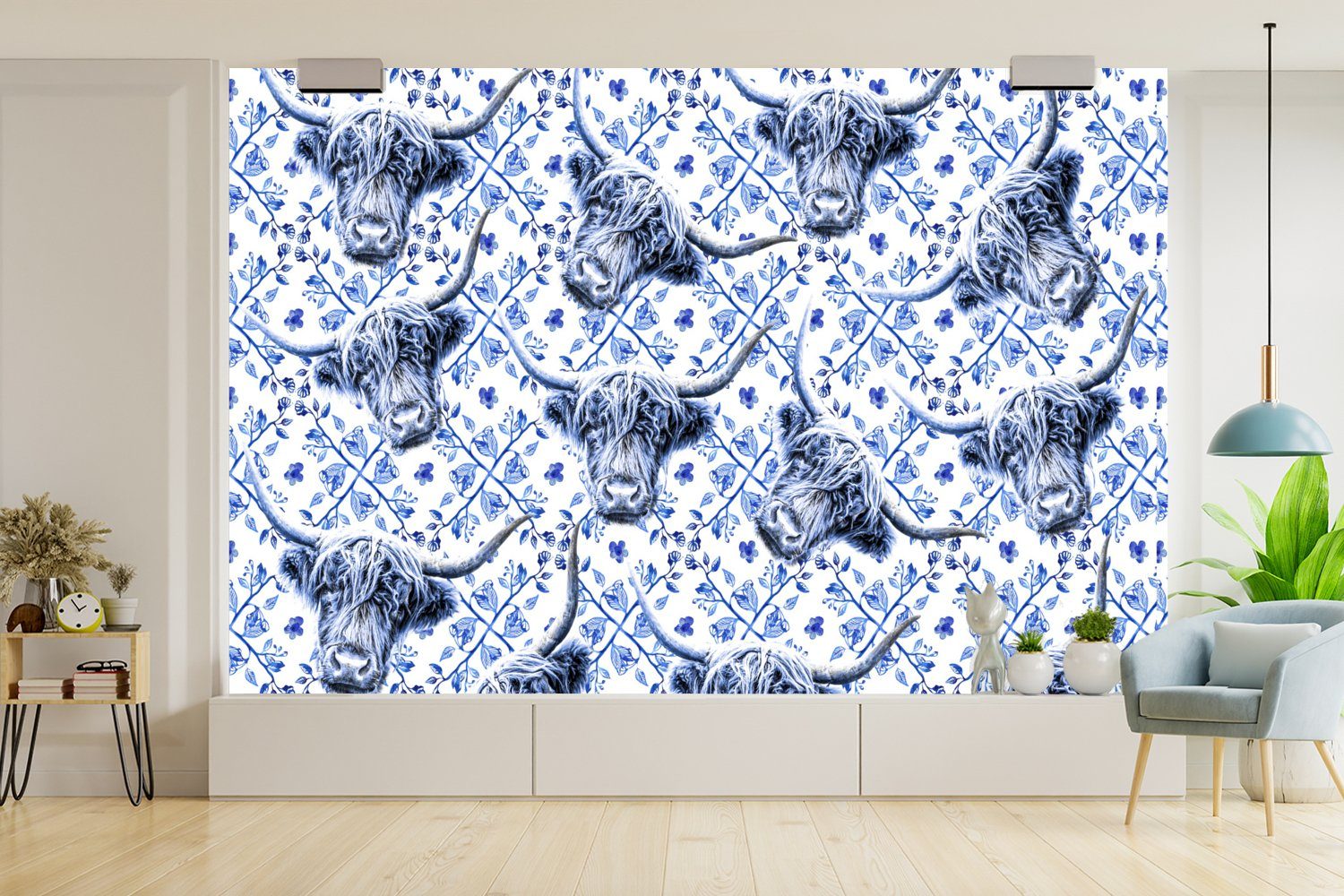 Blau - Wallpaper Muster, Highlander Delfter Vinyl MuchoWow Fototapete St), bedruckt, Wohnzimmer, Matt, (6 - Schlafzimmer, Schottischer Tapete für Kinderzimmer,