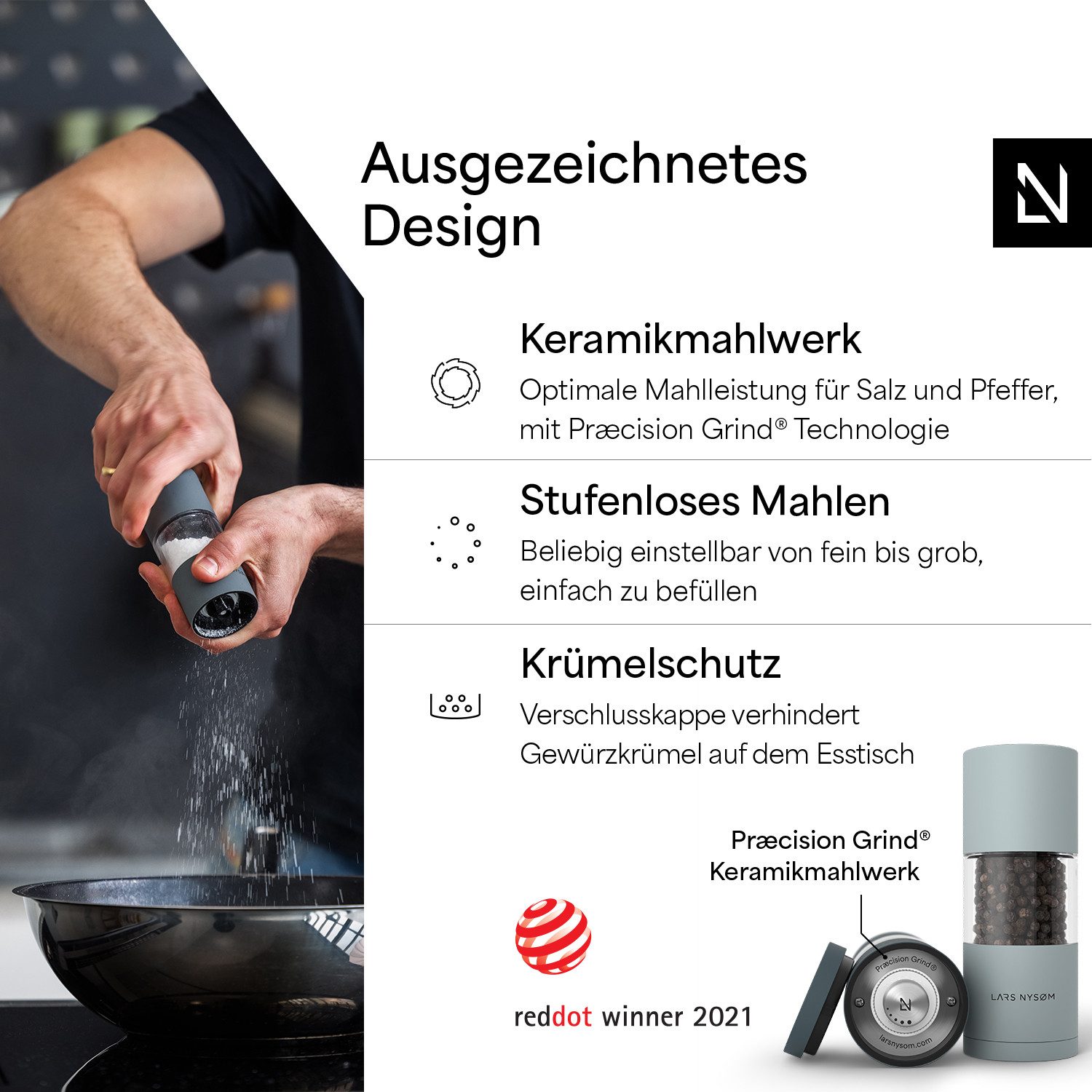LARS NYSØM Gewürzmühle Sjæl manuelle Bedienung, (2 Stück), Edelstahl Gewürzmühlenset mit Keramikmahlwerk (Stufenlos) – Bild 2 von 5