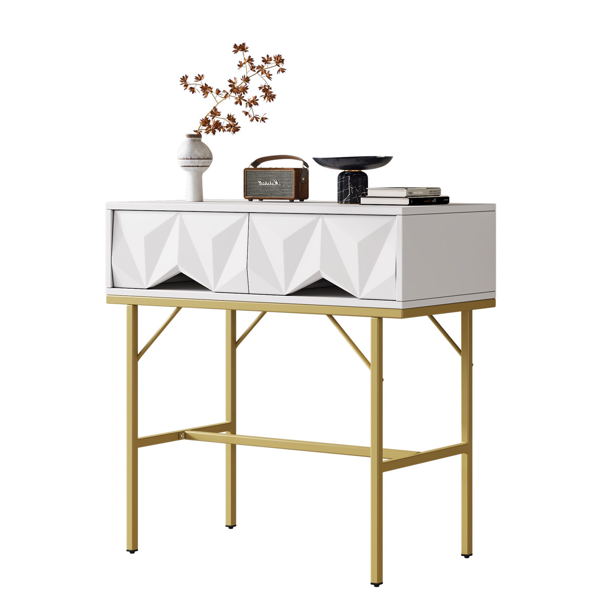 Rutaqian Konsolentisch Moderner Konsolentisch, geometrisches, dreidimensionales Schubladen (1-St., 80x40x80cm), für Eingang und Wohnzimmer (Weiß + Schwarz/goldene Beine)