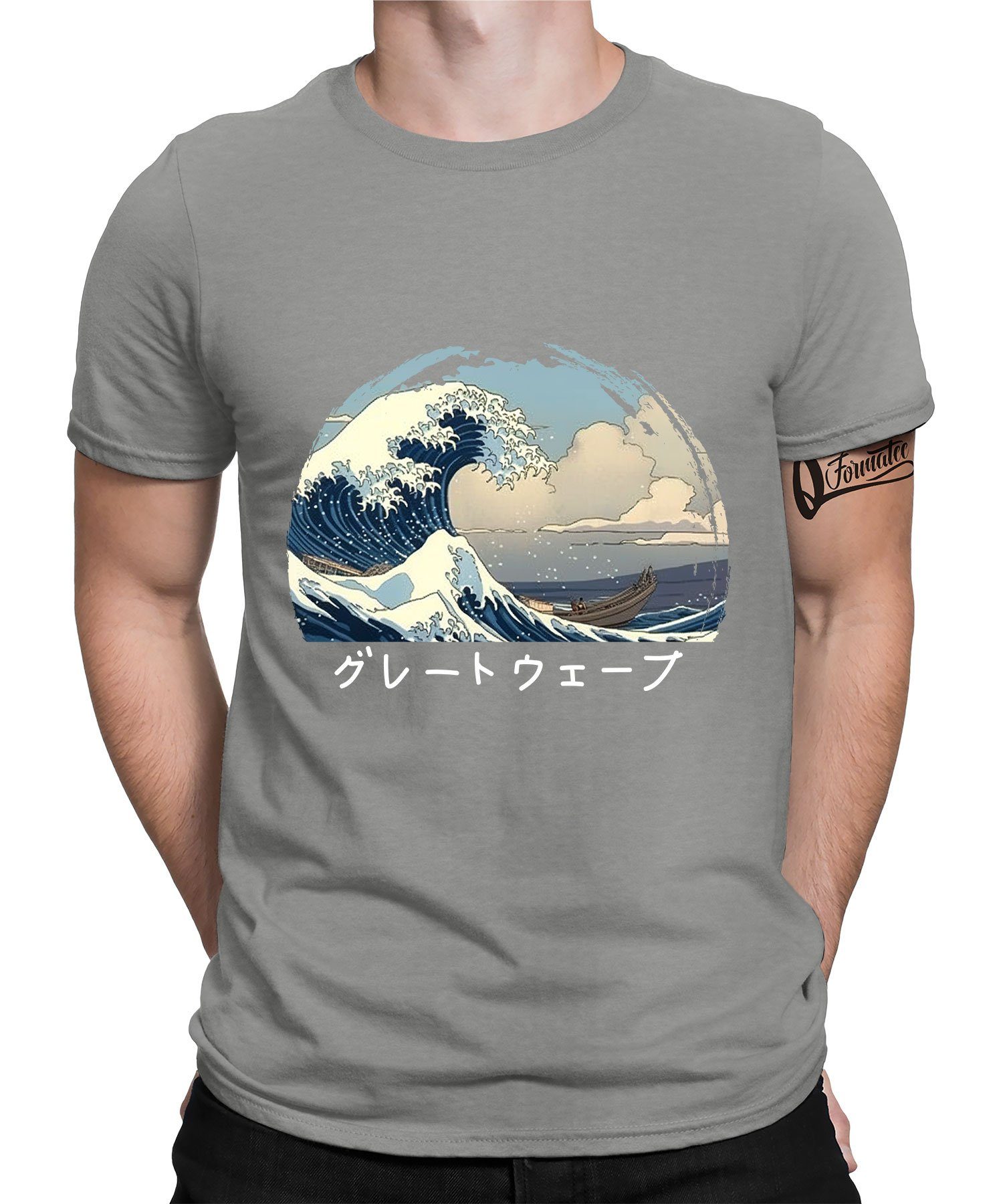 - T-Shirt Great Herren Quattro (1-tlg) Japan Ästhetik off Heather Anime Kanagawa Kurzarmshirt Grau Wave Formatee