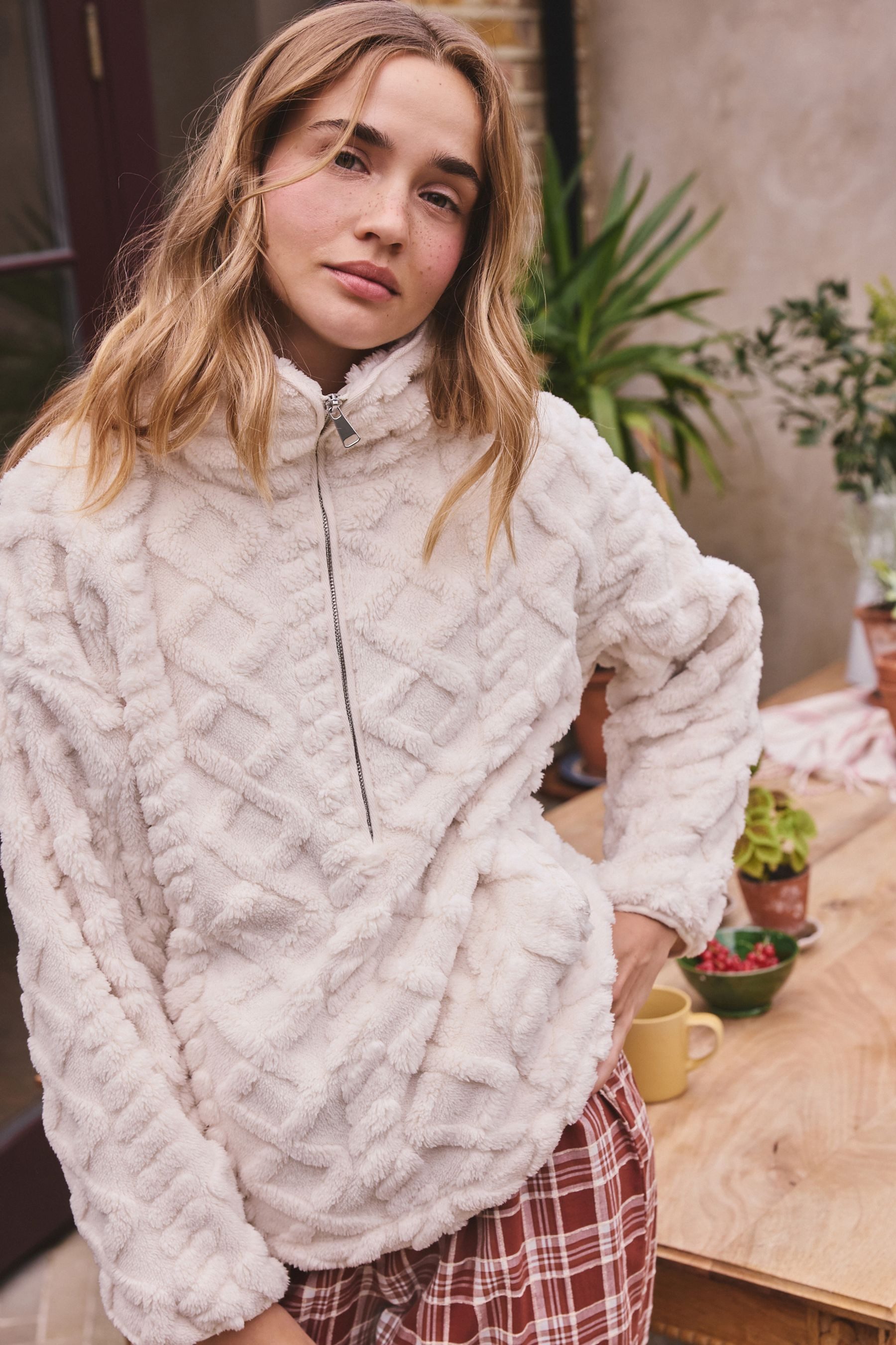 Next Fleecejacke Borg-Fleece mit halben Reißverschluss + Zopfmuster (1-St) – Bild 5 von 5