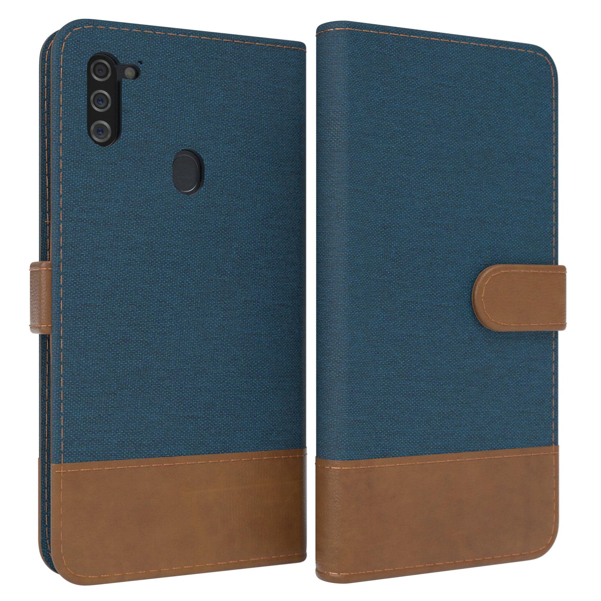 EAZY CASE Handyhülle Bookstyle Jeans für Samsung Galaxy M11 6,4 Zoll, Klappcase mit Standfunktion und Kartenfach Stoff Schutzhülle Blau