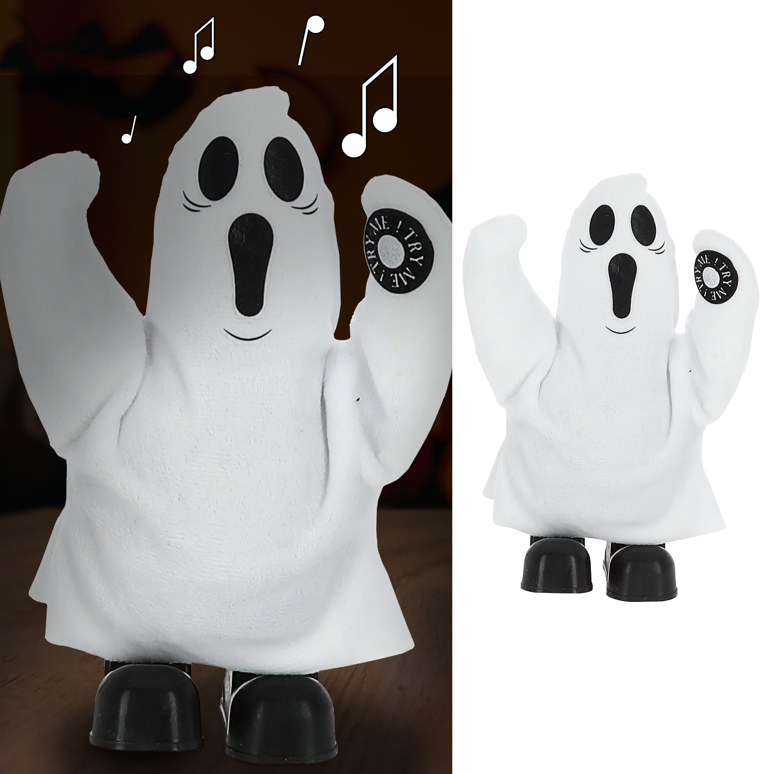 CEPEWA Dekofigur Geist Halloween singend laufend 14x20x8cm weiß schwarz Sound Bewegung