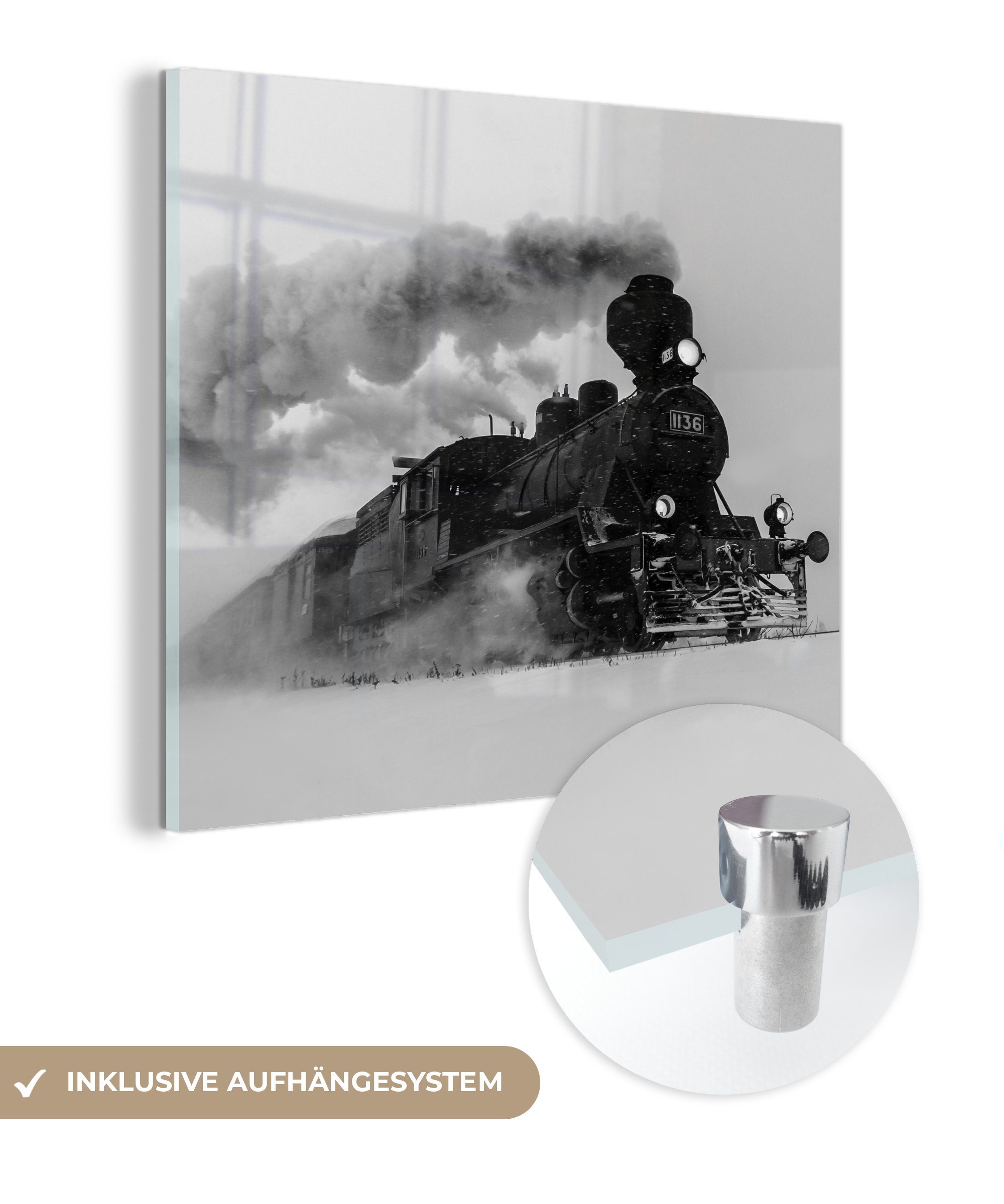 Glas Schnee - Bilder Glasbilder St), Wanddekoration Quadrat, Wandbild Glas MuchoWow Dampflokomotive Acrylglasbild schwarzes Foto - im (1 - - weißes auf auf und