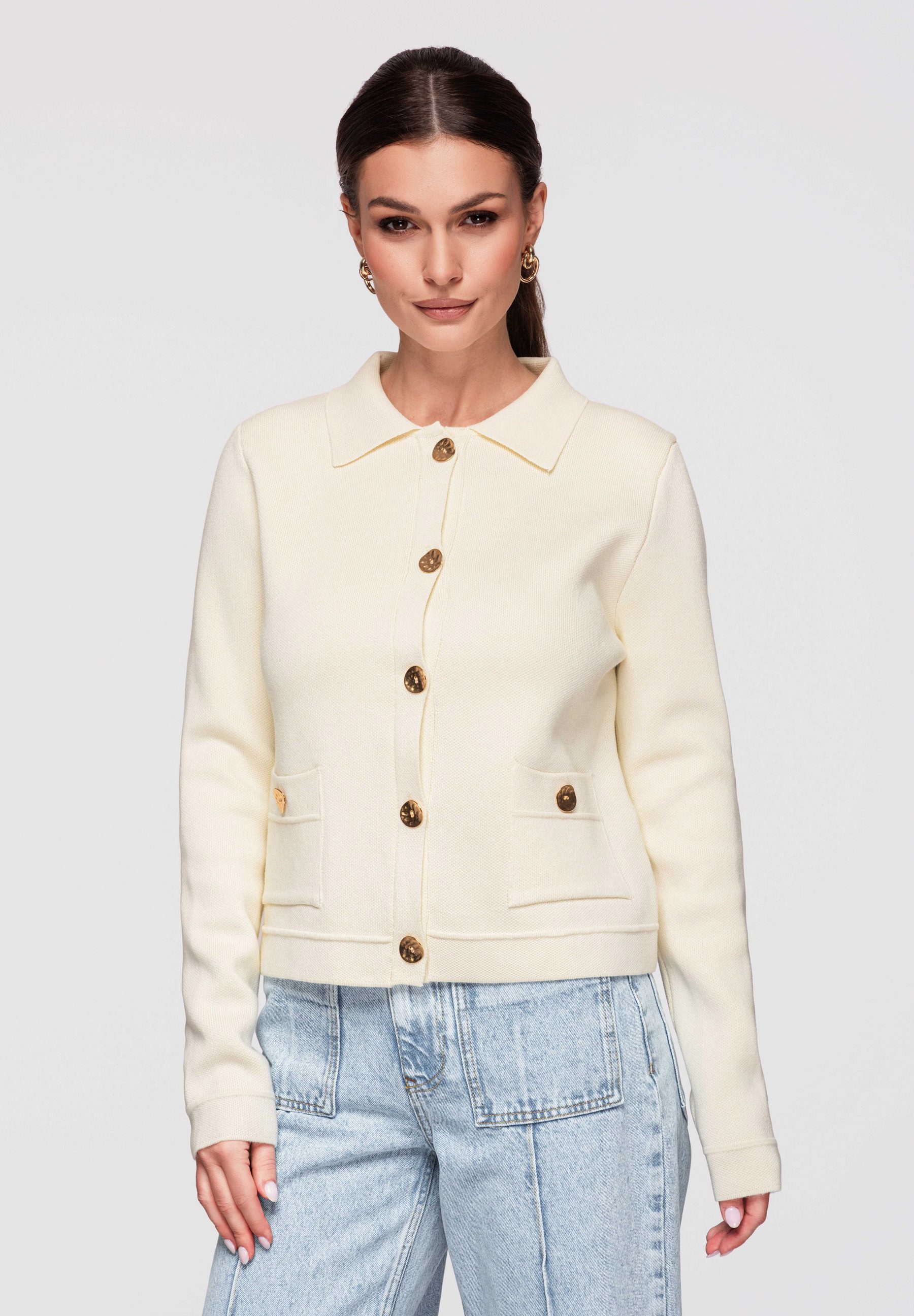 OMBRE Rundhalspullover Strickjacke Mittellang Figurbetont Elegant Ecru S (kein Set, 1-tlg) Aufgesetzte Taschen mit Patten