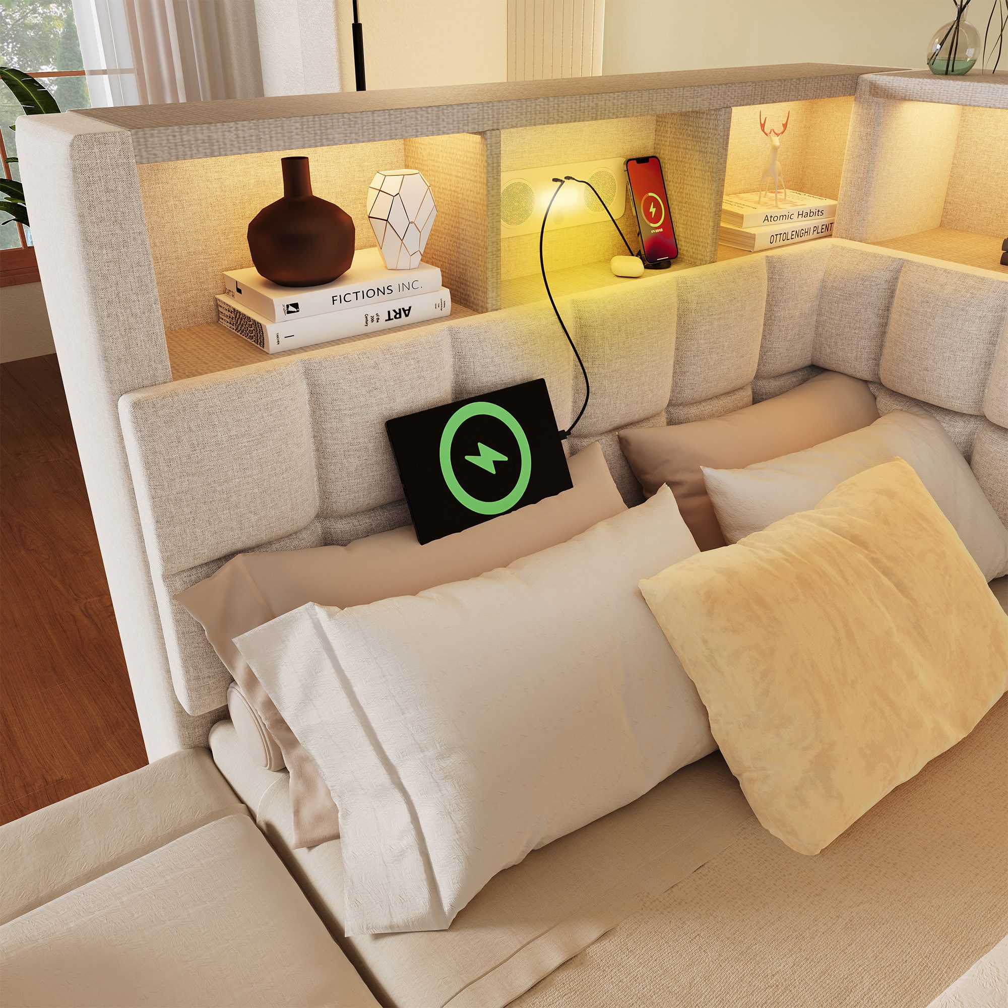 OKWISH Polsterbett Bett 90x200 cm mit Ausziehbett, LED und Ladeanschlüssen, Beige (Funktionsbett, 1-tlg., L-Kopfteil mit Stauraumregal, Schlafsofa/Gästebett), mit LED-Beleuchtung & USB/Type-C Ladestation