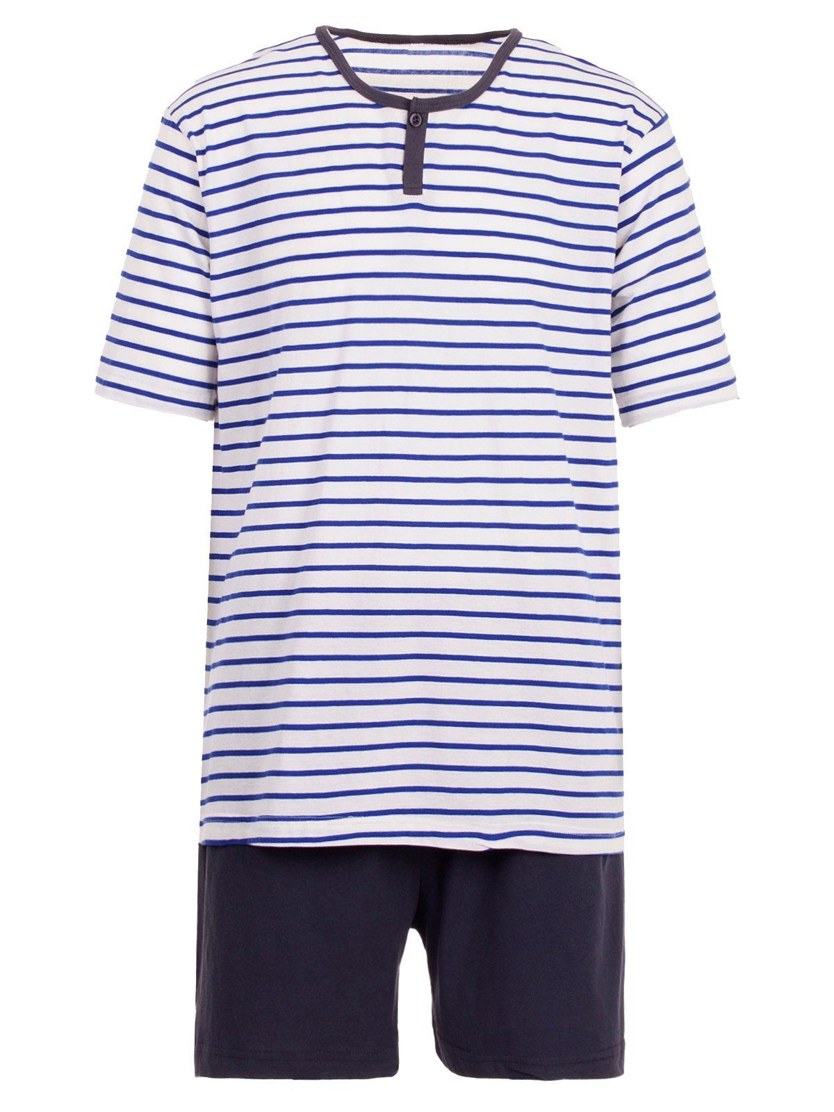 Henry Terre Schlafanzug Pyjama Set Shorty - Gestreift mit Knopf blau