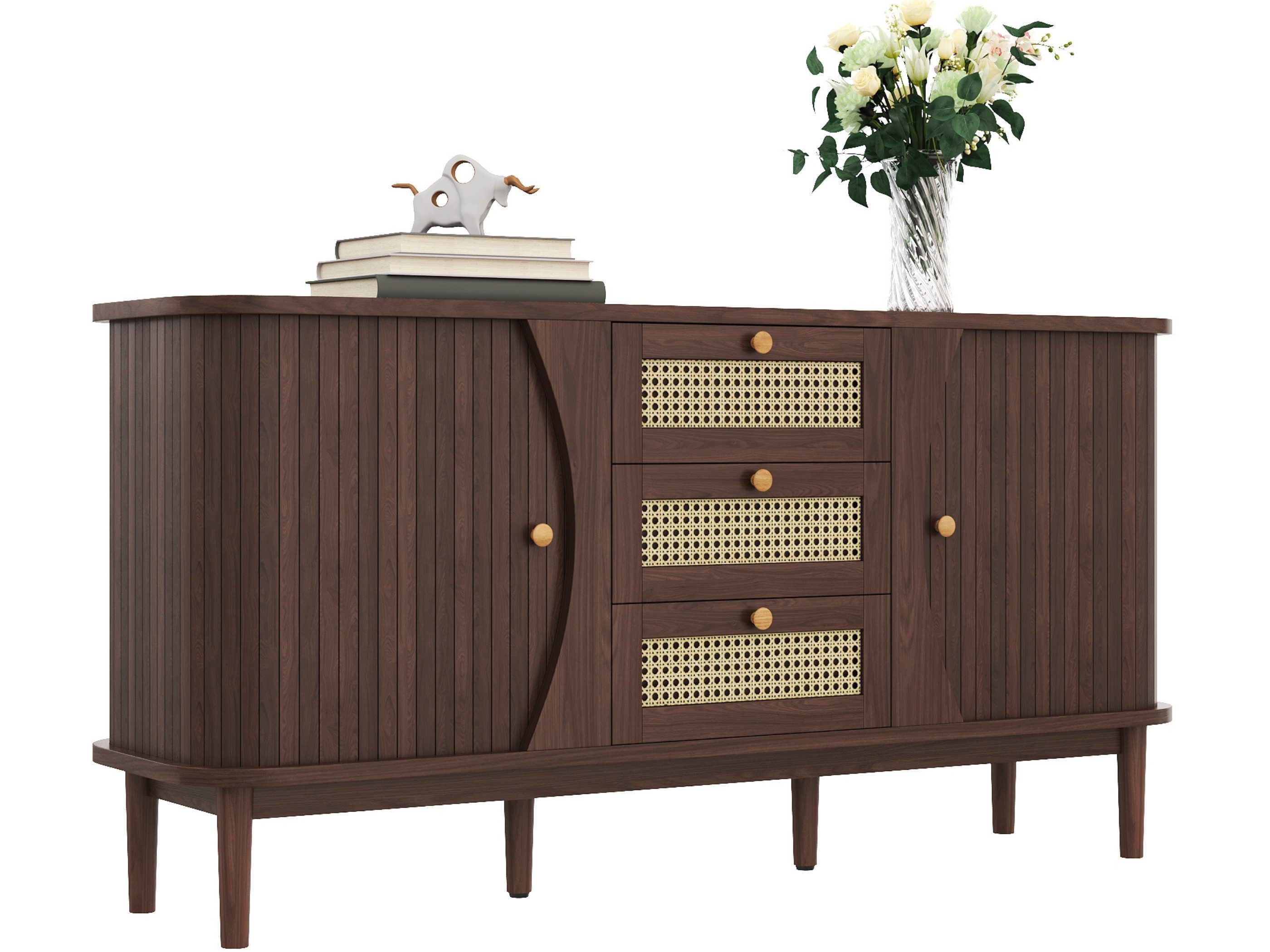 SeedWave Sideboard Multifunktionale Kommode mit 2 Schiebetüren und 3 Rattan-Schubladen, Schiebetüre ohne Einlegeboden, luftdurchlässige Schubkäste