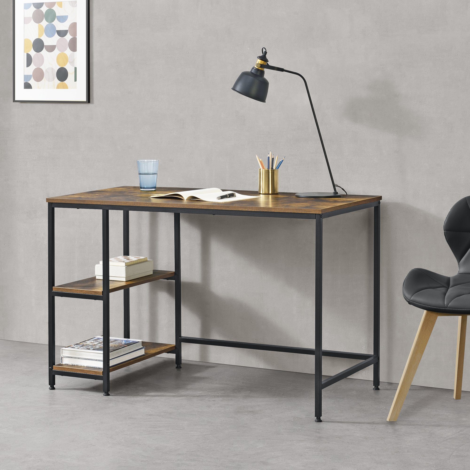 en.casa Schreibtisch, Vilhelmina Bürotisch mit Regal 77x120x60cm Dunkelbraun