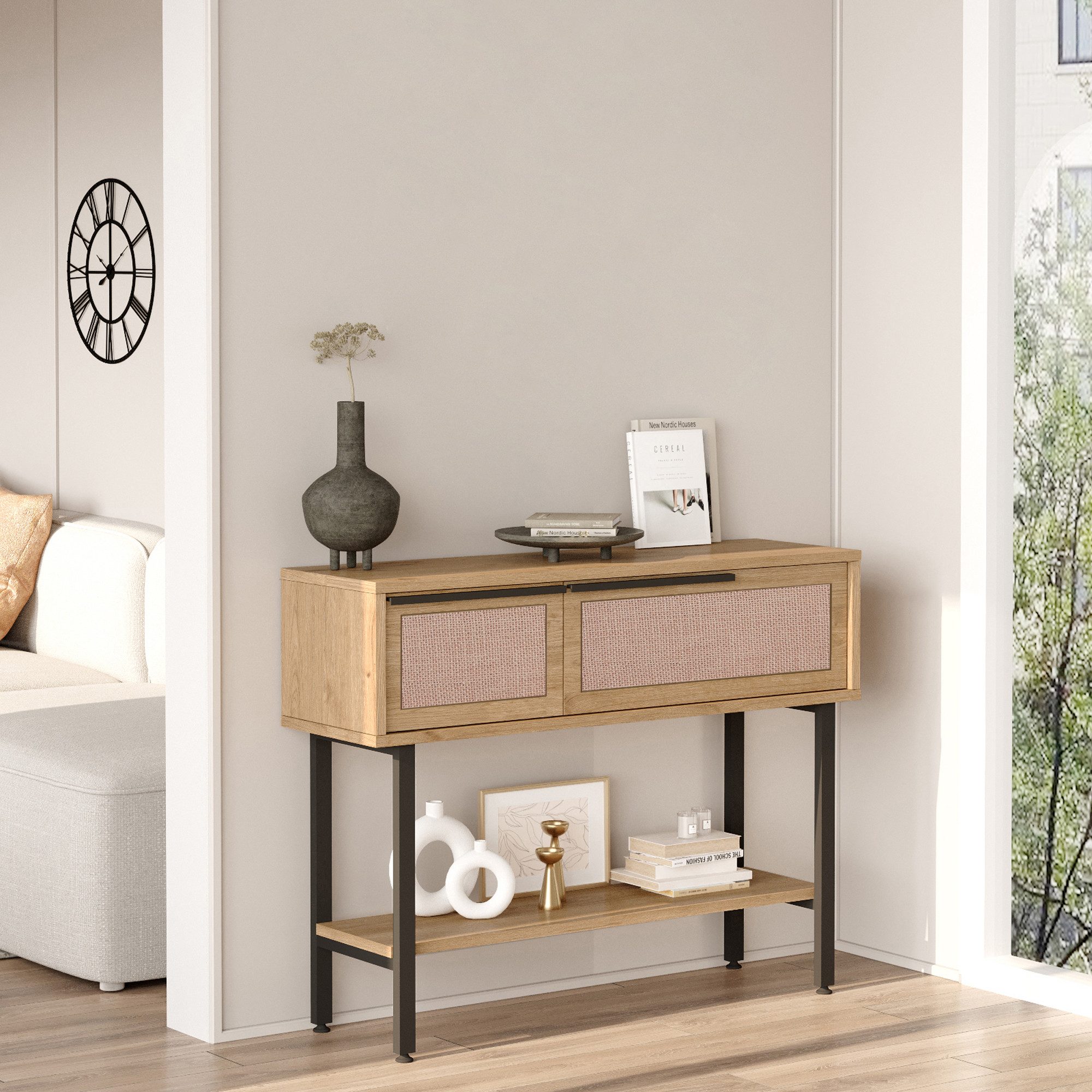 en.casa Konsolentisch, Konsolentisch »Kvænangen« 100x30x76 cm Eiche/Rattanoptik
