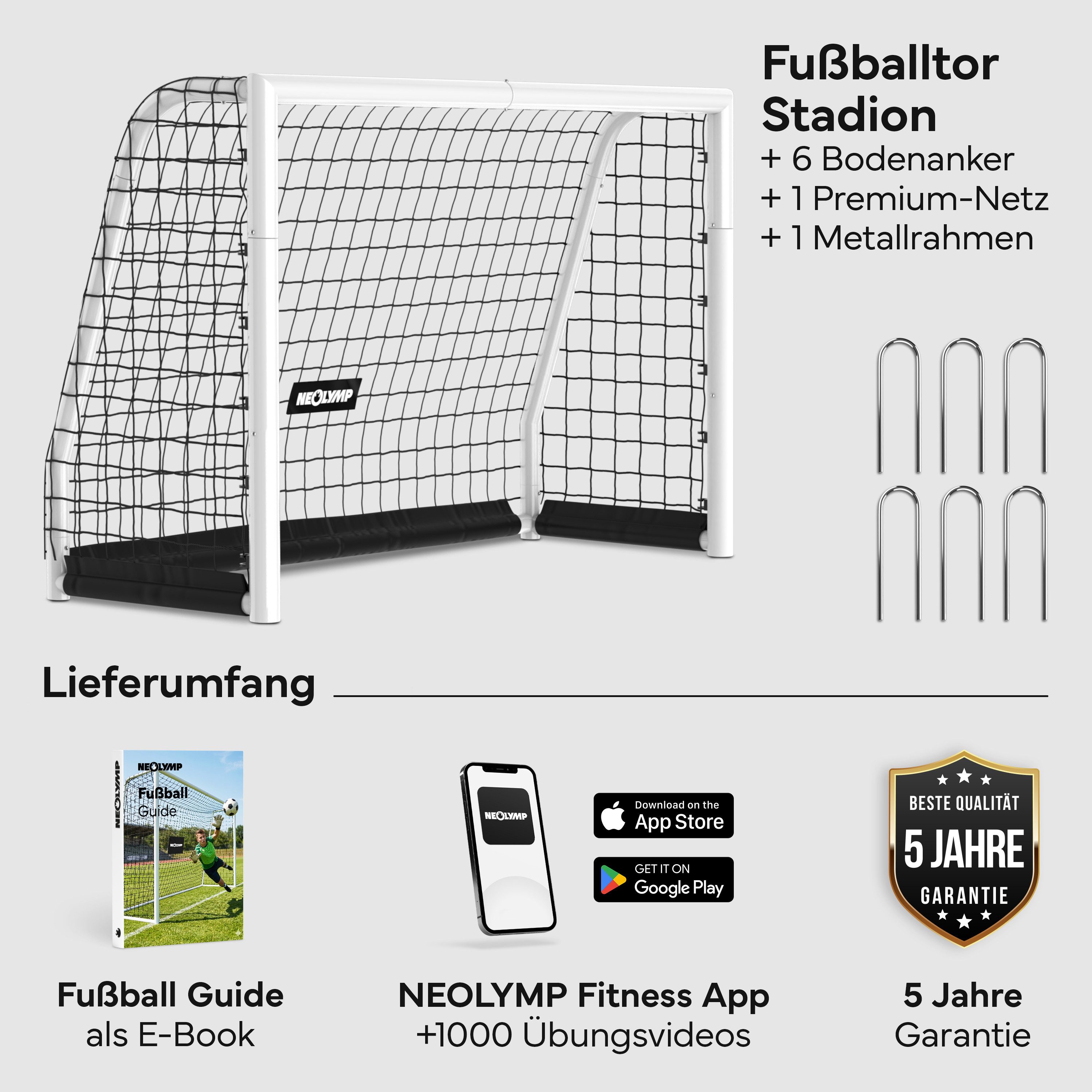NEOLYMP Fußballtor für Garten – Robustes Stadion-Tor aus Metall, korrosionsgeschützt (Fußballtor für Garten mit Polyester-Netz – Einfacher Aufbau), Wetterfestes Fußballtor Kinder Outdoor inkl. Heringe – Klicksystem