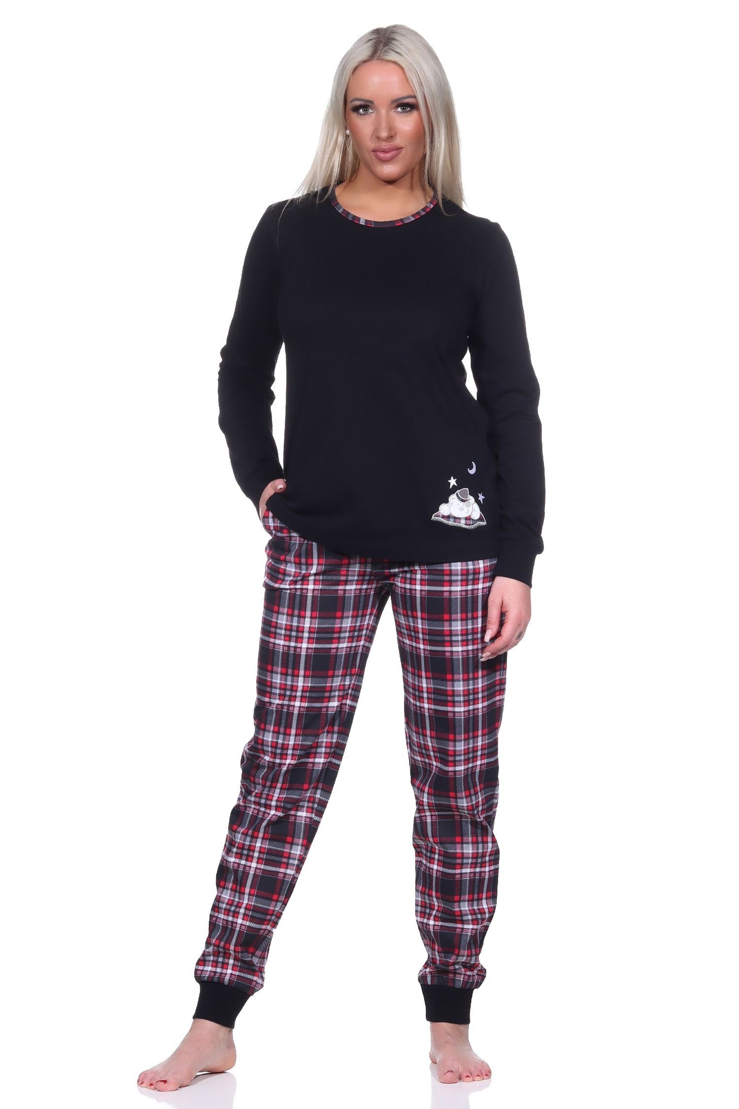 Normann Pyjama Damen Schlafanzug mit Bündchen mit Karohose und süßem Tiermotiv schwarz