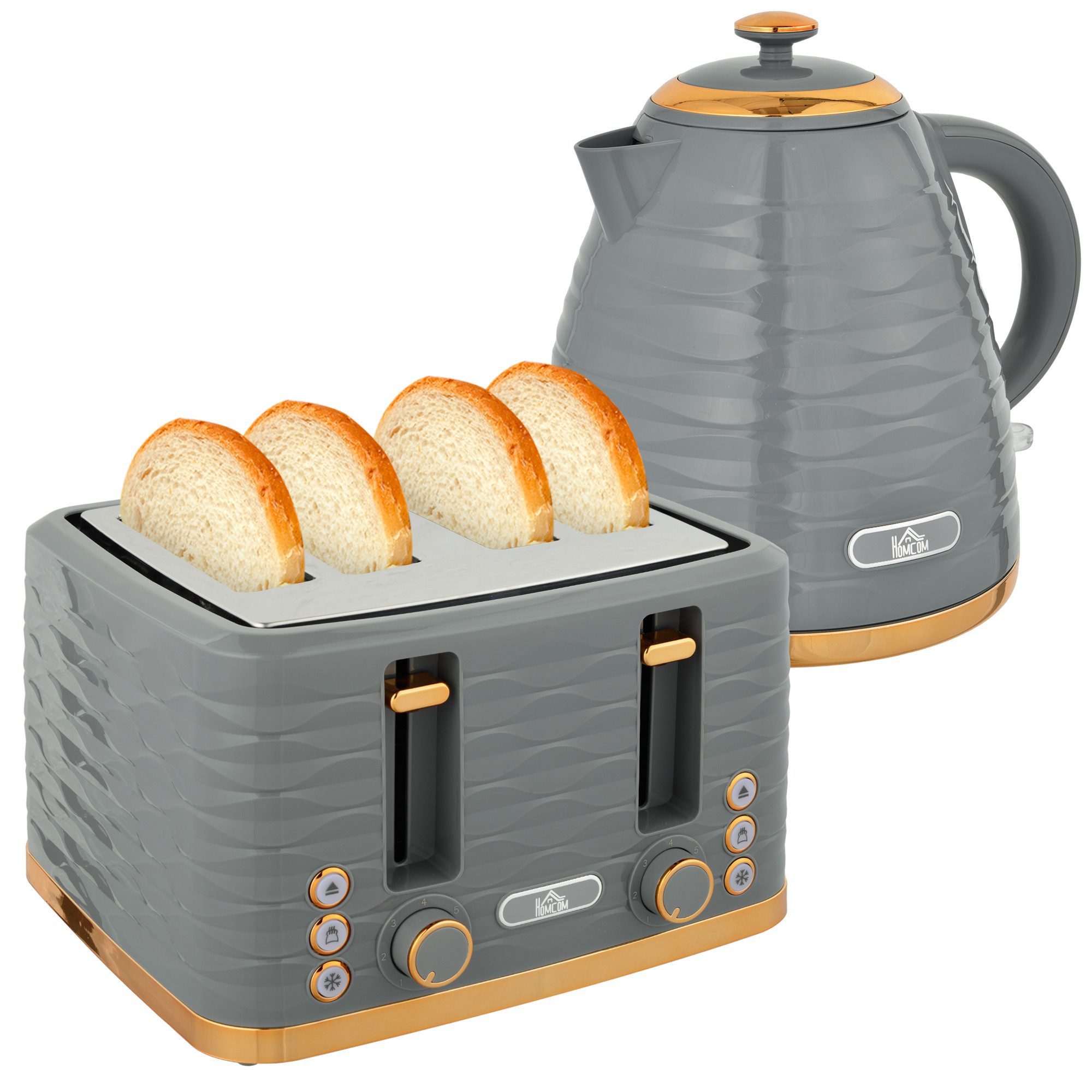 HOMCOM Toaster Wasserkocher Frühstück-Set: 1,7L, 4 Scheiben, 7 Bräunungsstufen, 4 Schlitze, für 4 Scheiben, 2200 W, Auftau-, Aufwärm- und Krümelschublade, Otter-Thermostat, Grau