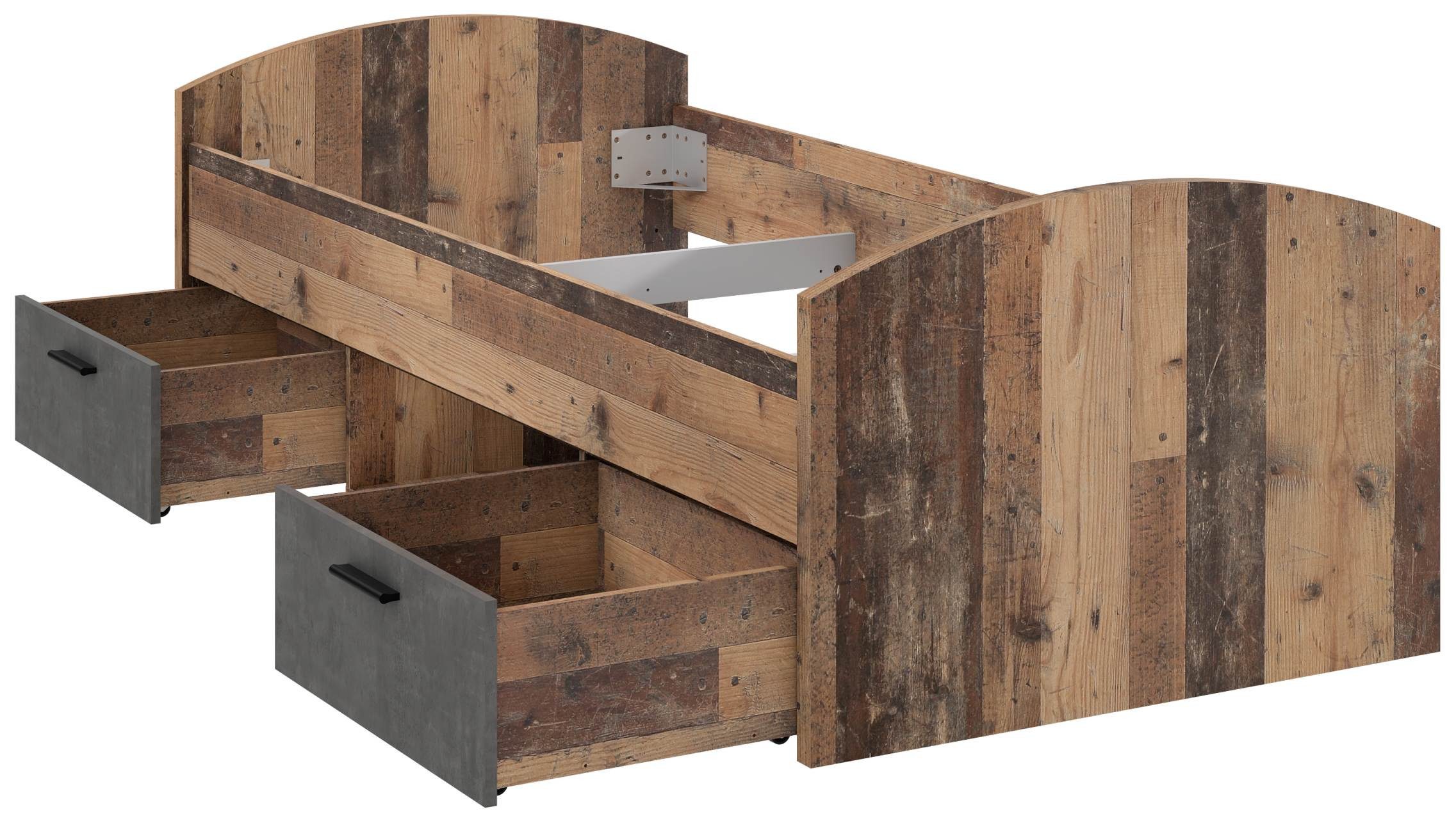 FORTE Komplettschlafzimmer Jugendzimmer Kinderzimmer WINNIE 5-tlg. Old Wood und Beton Optik, (Komplett-Set, 5-tlg., Nachtkommode, Jugendbett, Schreibtisch, Kleiderschrank und Sideboard)