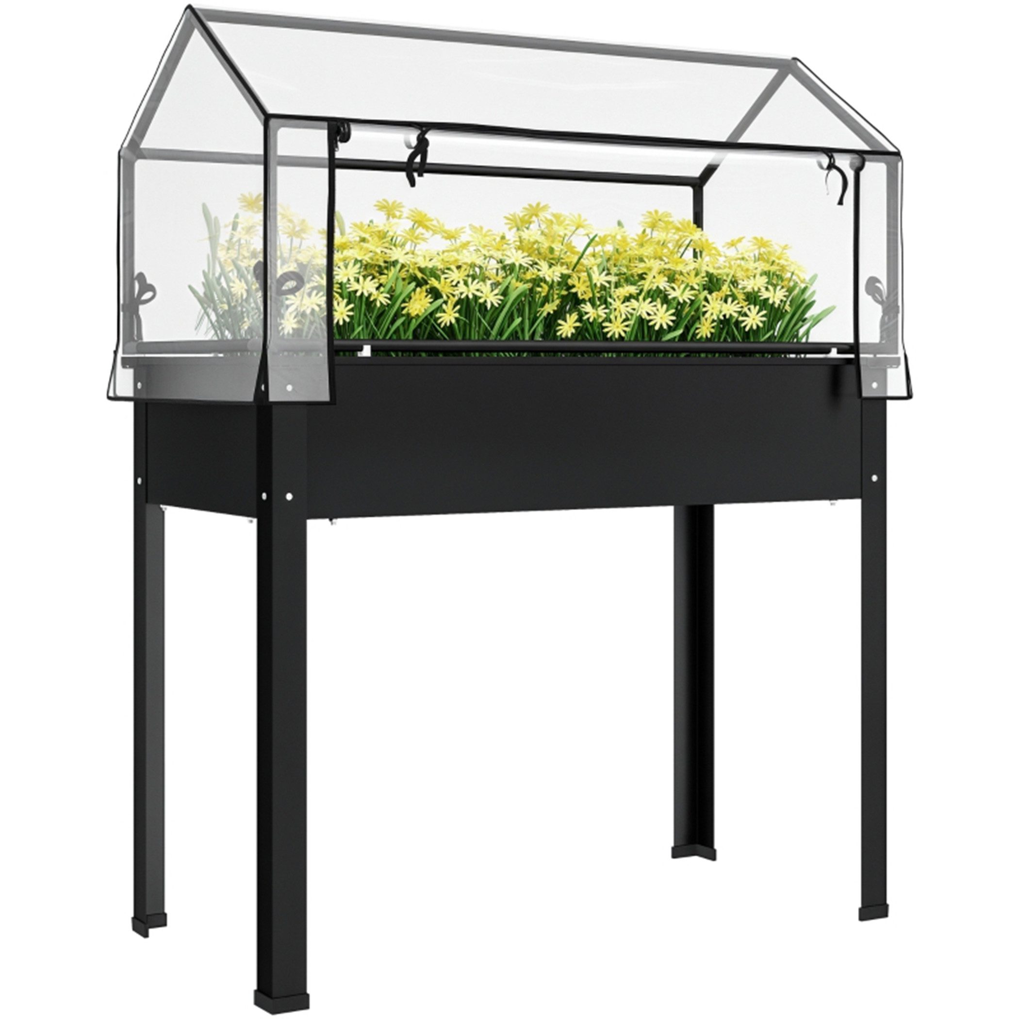 MC Star Hochbeet Hochbeet mit Gewächshaus-Dach, Erhöhte Pflanzenbox mit Ablauflöchern (100 x 48 x 124 cm, Schwarz)