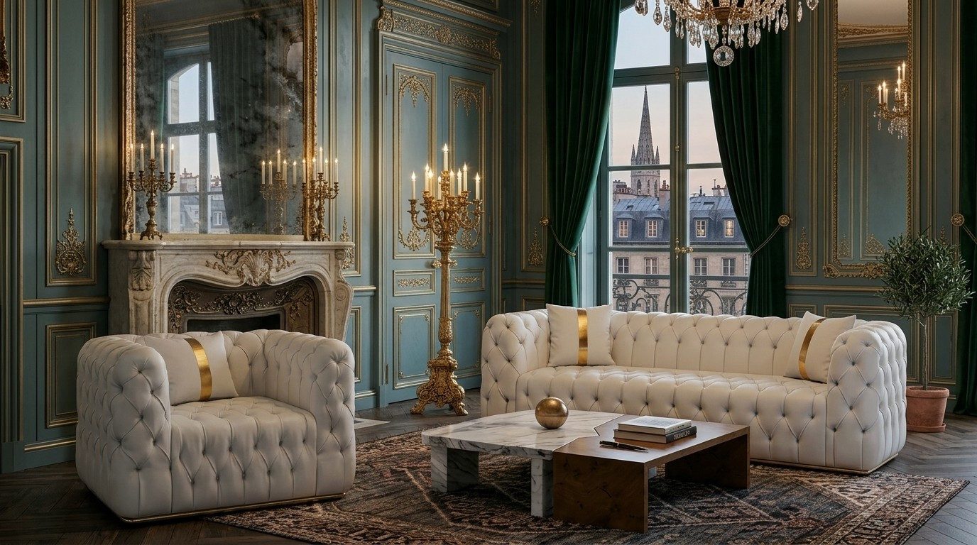 Xlmoebel Chesterfield-Sofa Elegantes Chesterfield Sofa Set in Weiß mit Goldrahmen, 2 Teile, Made in Europa