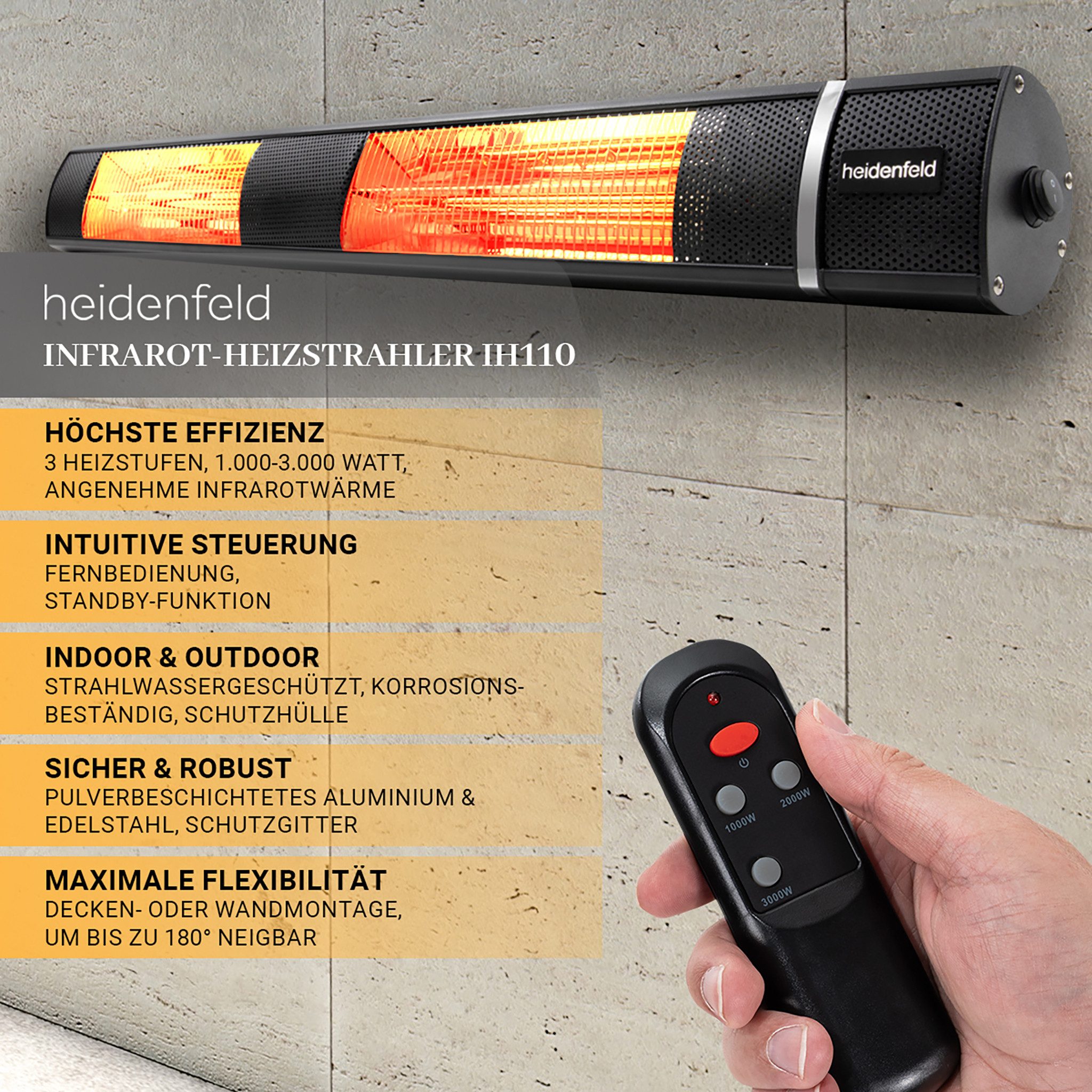 Heidenfeld Heizstrahler für Terrasse IH110, 3 Stufen bis 3.000 Watt, 3 Jahr günstig online kaufen