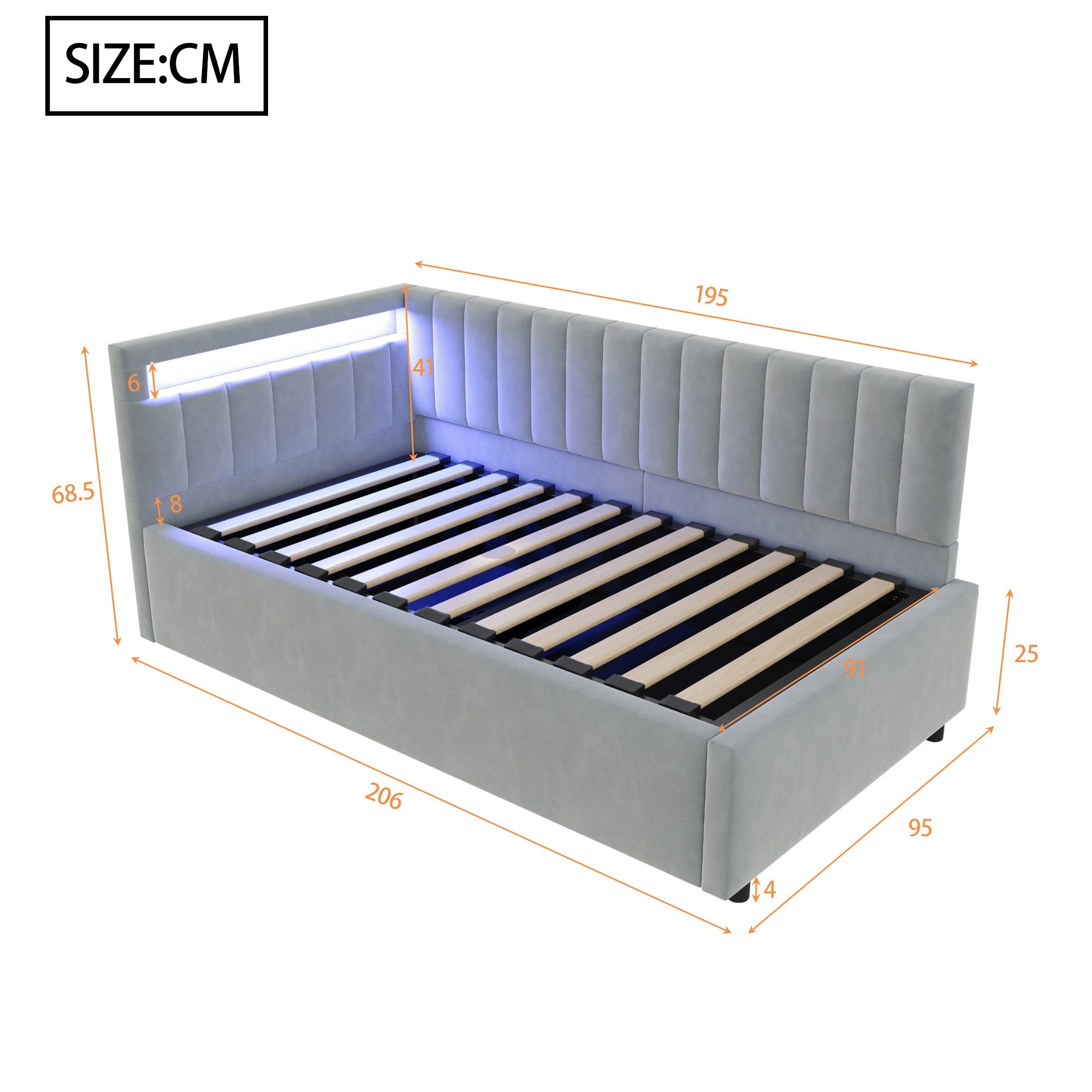 Odikalo Stauraumbett Einzelbett mit Bettkasten und Gasdruckfeder, LED-Beleuchtung 90x200 cm – Bild 5 von 5