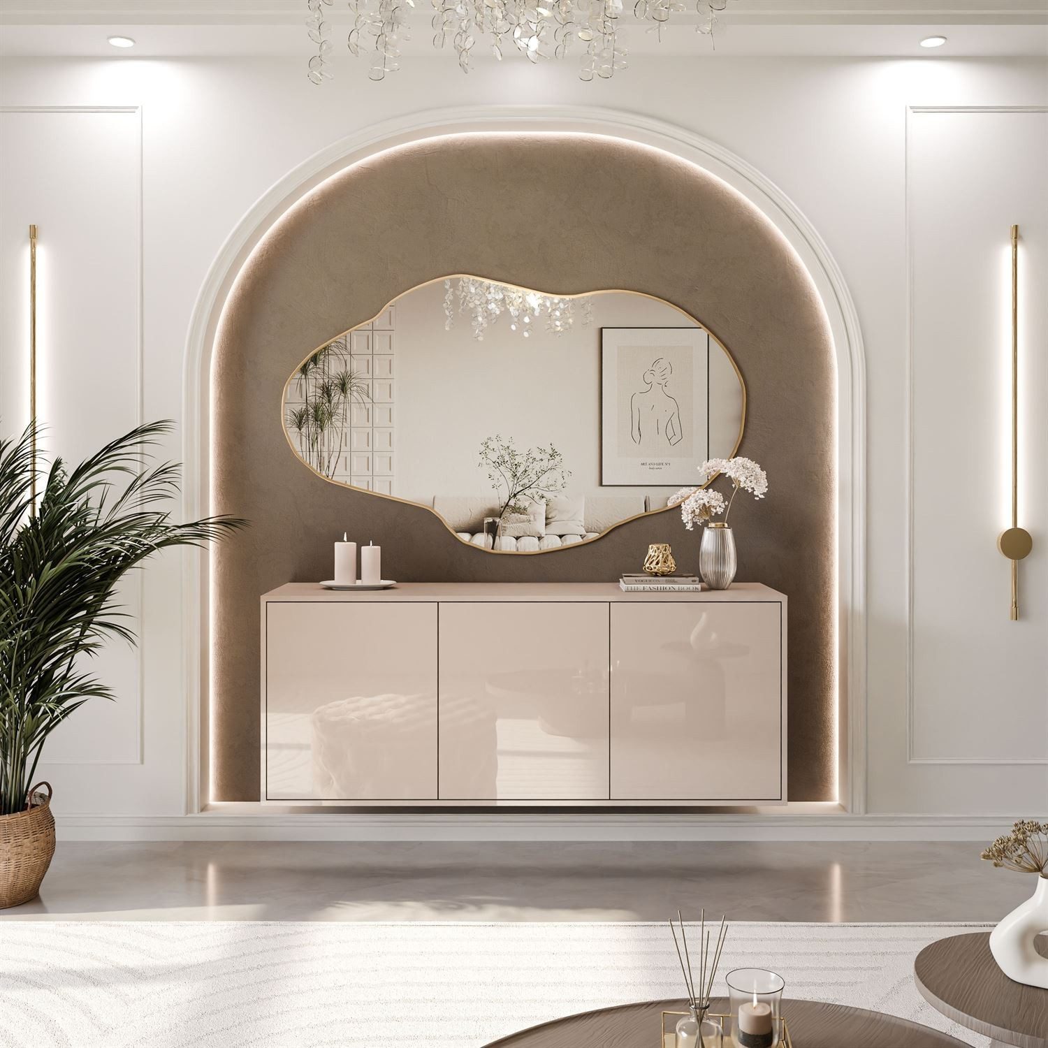 ALLHOUSE24 Kommode MANDY Dreitürige Kommode in Hochglanz Sideboard Kaschmir Weiß, Breite: 154 cm