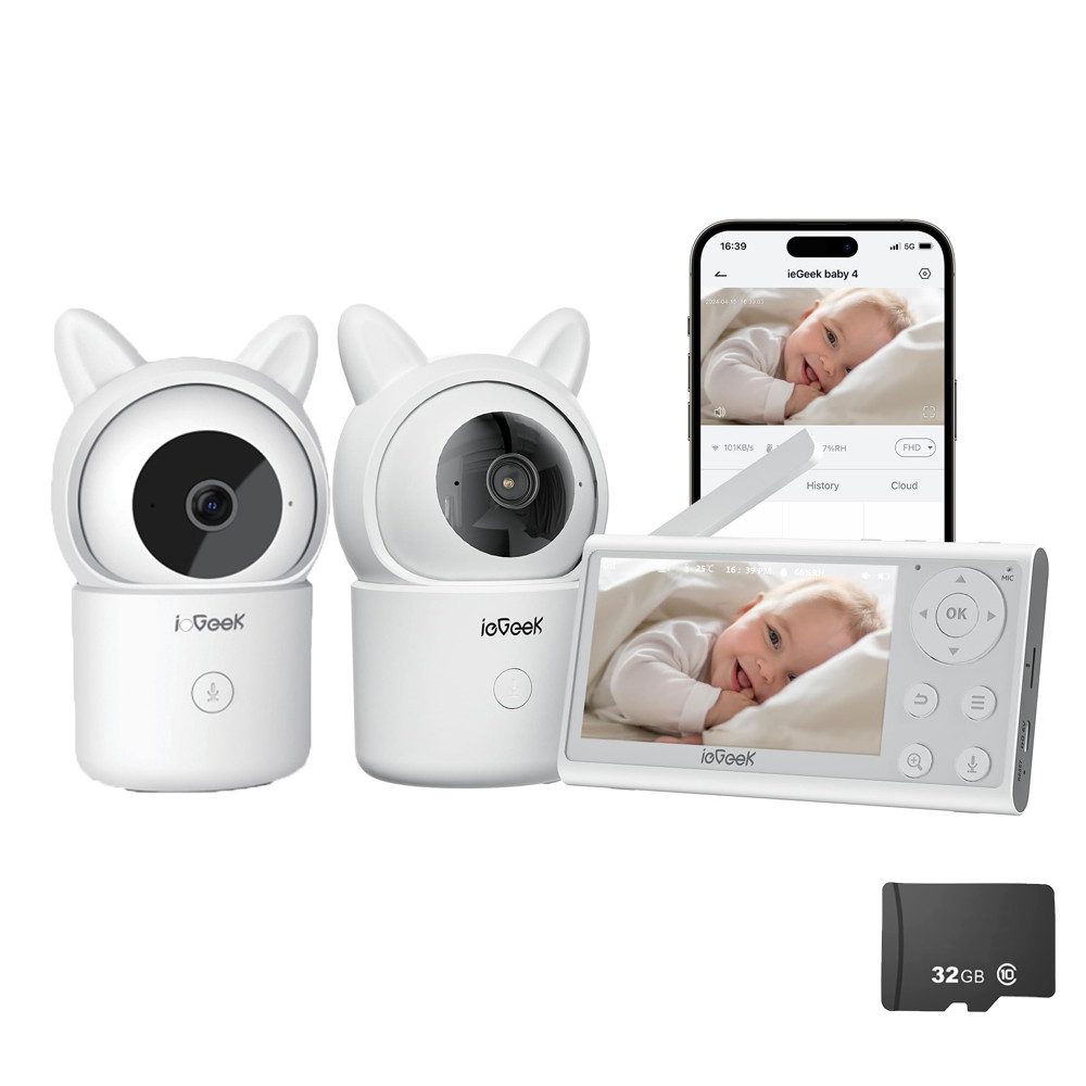 Video-Babyphone Babyphone mit 2 Kameras App 1080P/4,3 Zoll WLAN Video Babyfon PTZ 355°