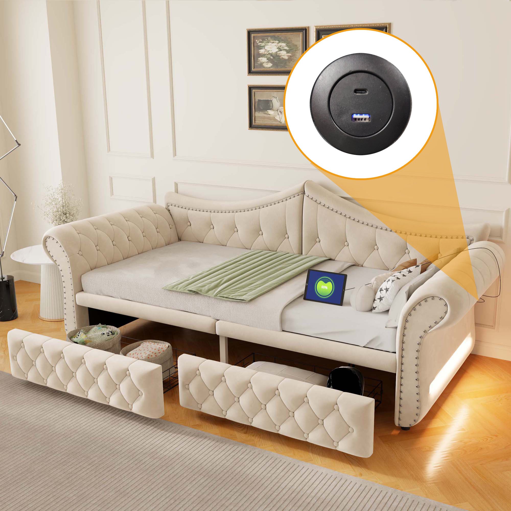 Odikalo Schlafsofa Polster-Kinderbett 90×200 Schlafcouch mit Schubladen USB, Samt mit Ladeanschluss integrierter Seitenbeleuchtung und Ziernieten–platzsparendes Gästebett für Schlaf-und Wohnzimmer