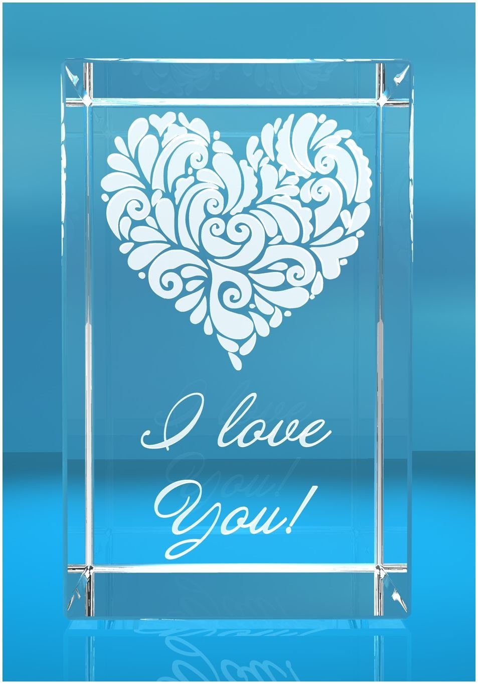 VIP-LASER Dekofigur 3D Glasquader I verziertes Herz I love You!, Hochwertige Geschenkbox, Made in Germany, Familienbetrieb