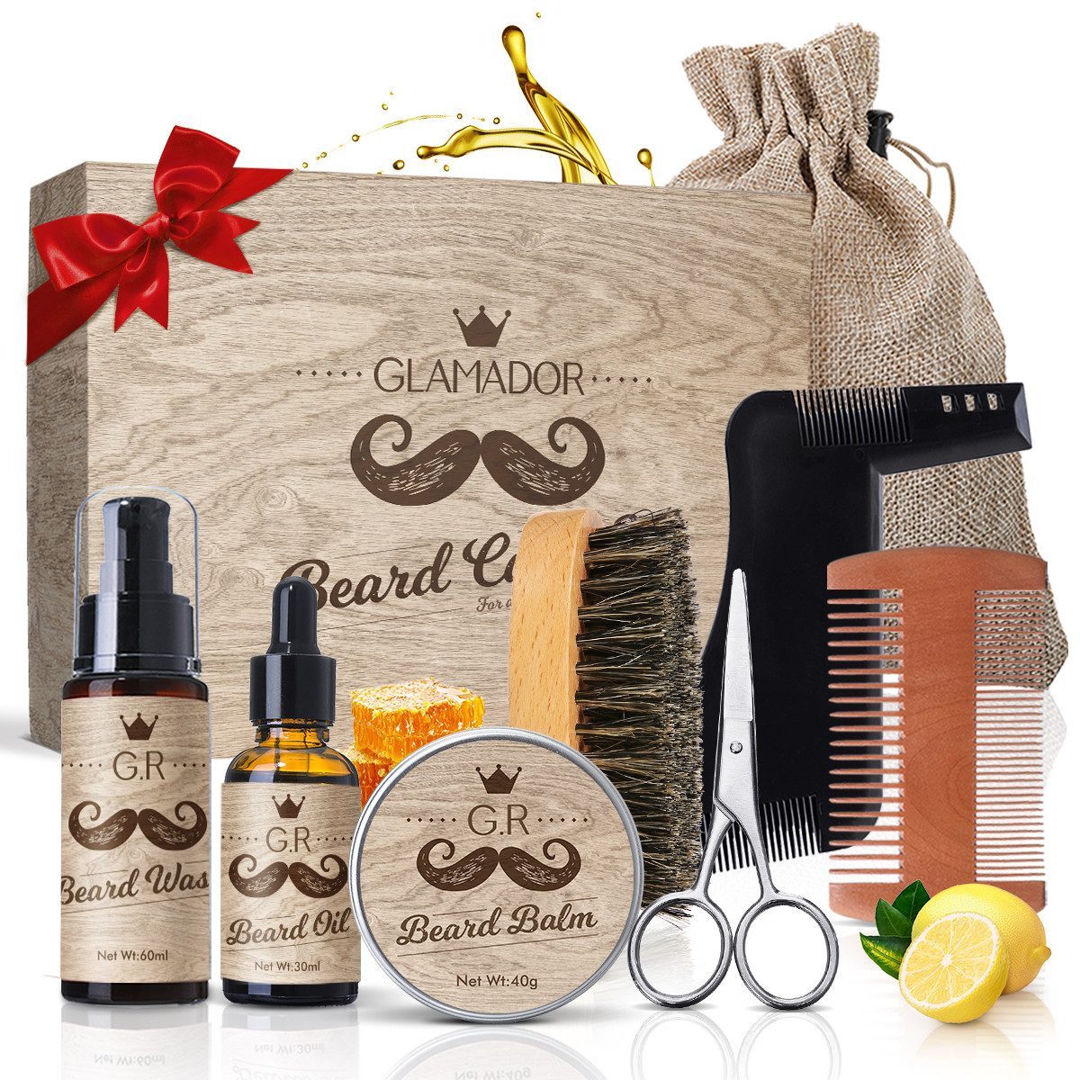 GLAMADOR Bartpflege-Set, 8-tlg., Bartpflege Geschenk Set für Männer, mit Bartöl, Kämmen, Schneiden und Bartpomade