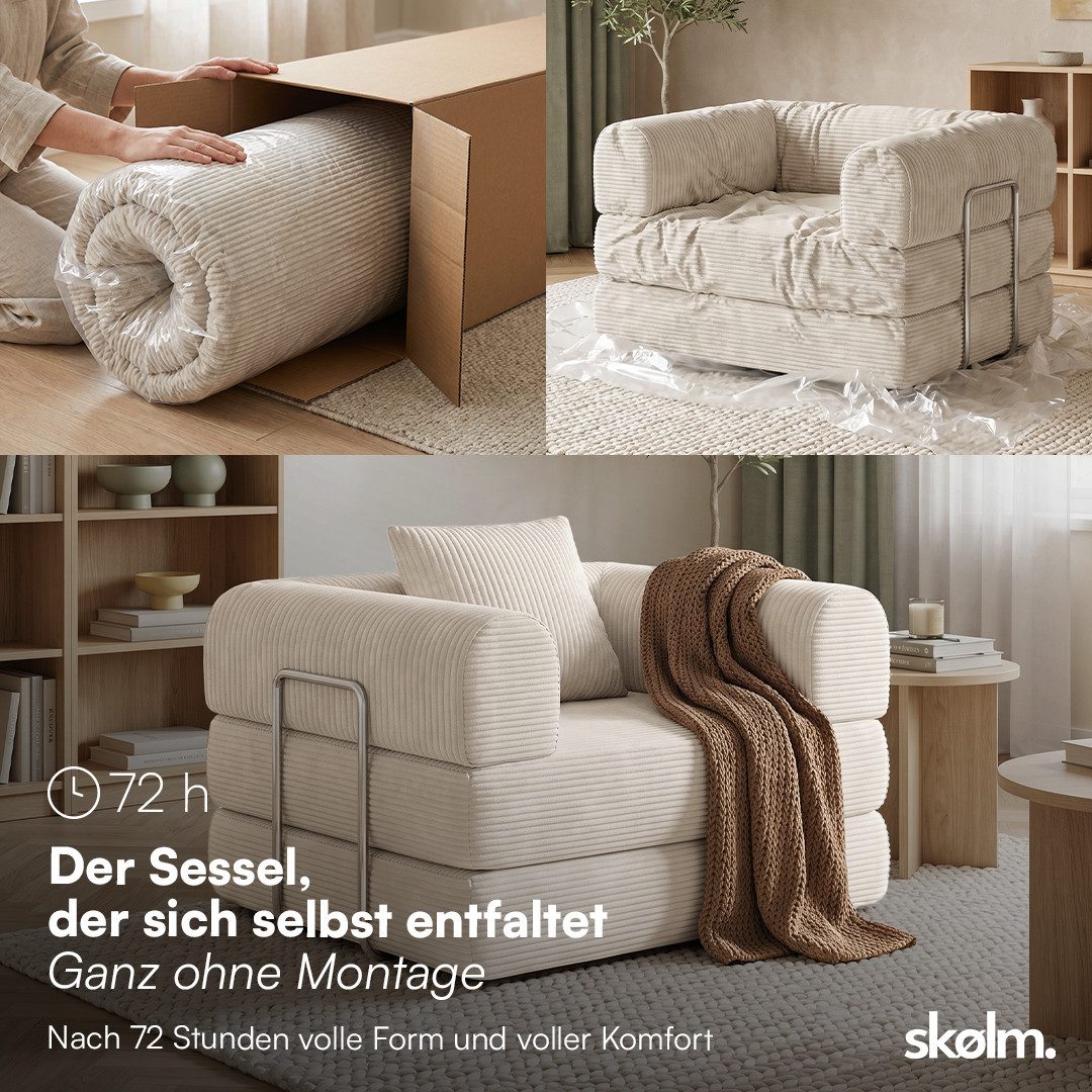skølm Sofa & Sessel Lofn aus Vollschaum Cord, umwandelbar zum Schlafsofa/-Sessel, Beige, Cordsessel 115cm breit, 1 Sitzer, kein Aufbau erforderlich, vakuumiert
