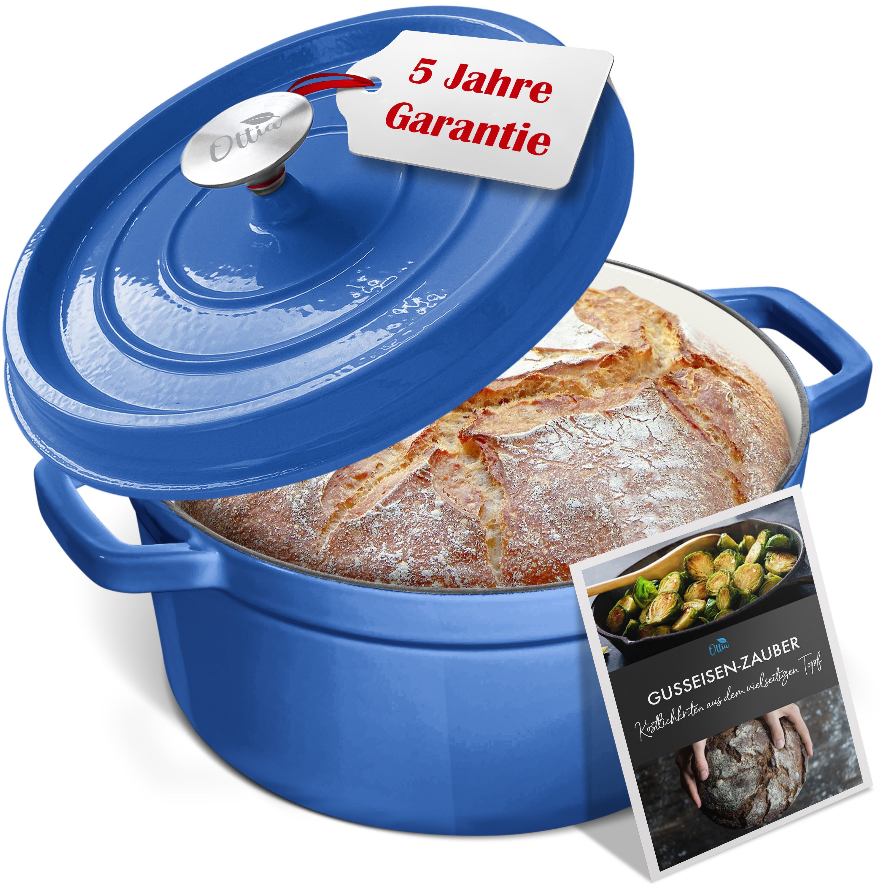 Ottia Schmortopf Gusseisen Topf, Brottopf, Кастрюли жаровни, Größen Ø22-28cm, alle Herdarten, Gusseisen, 3-lagige Emaille (26cm / 5L, inkl. E-Rezeptbuch und Garantie), Händler aus Hamburg