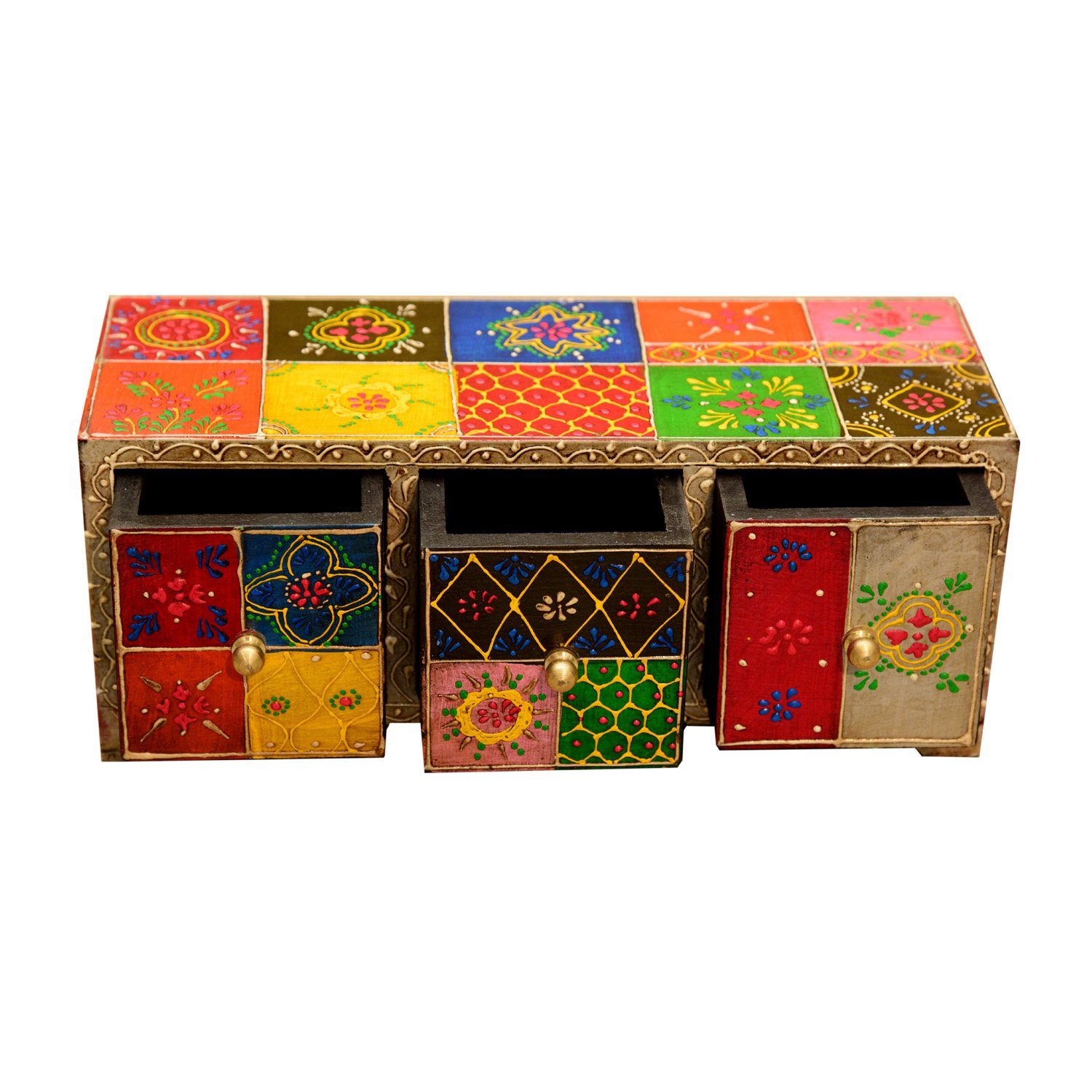 Casa Moro Schmuckkasten Orientalische Mini-Kommode Chandi mit 3 Schubladen 28x11x10 cm, (B/T/H) aus Holz handbemaltes Schmuckkasten Organizer bunt MA27-05