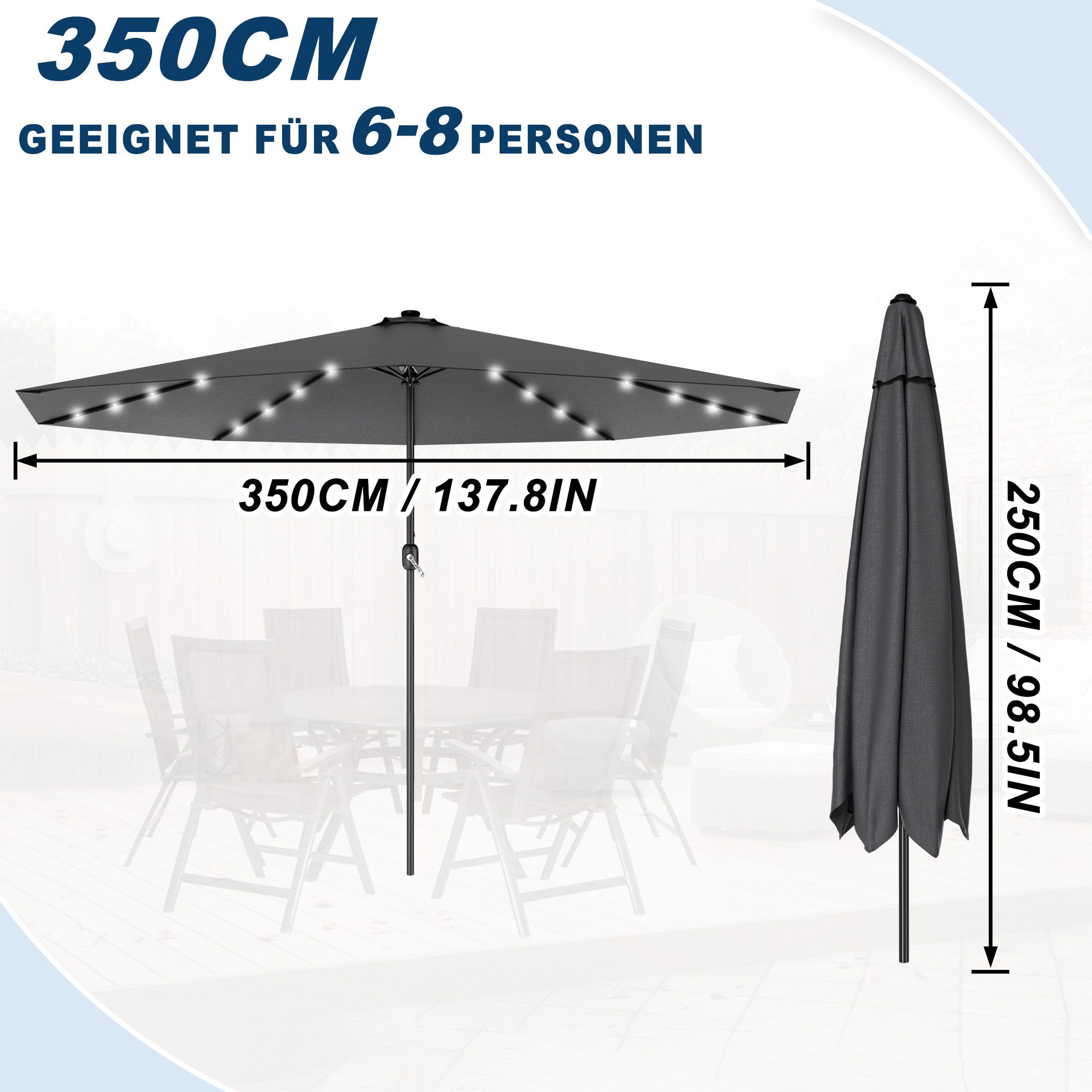 FIVMEN Sonnenschirm 300cm Solarbetriebene mit LED Sonnenschirm mit Kurbel Marktschirm, UV-Schutz Kurbelschirm für Garten & Terrasse – Bild 2 von 5
