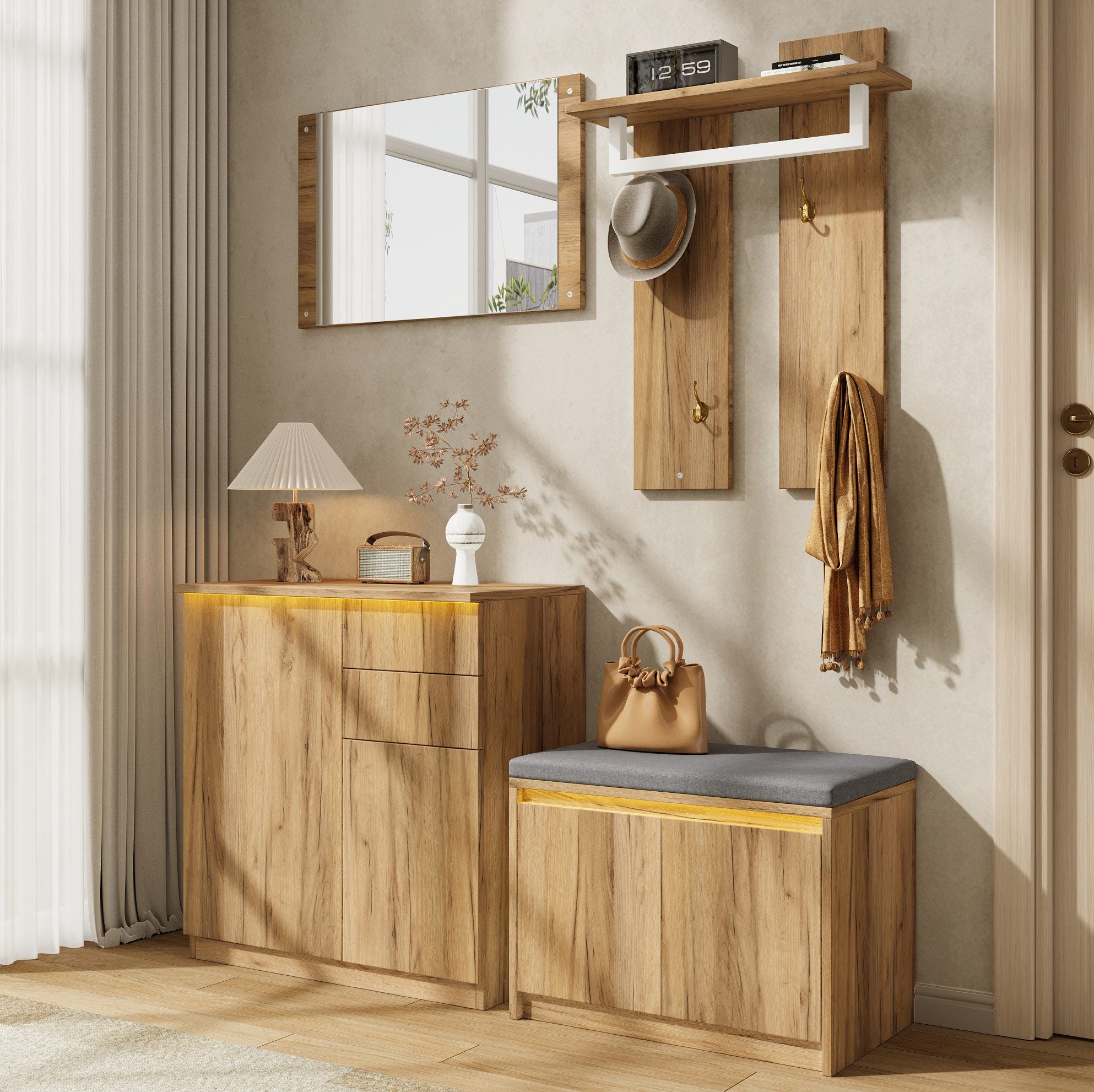 OKWISH Garderoben-Set Eingangs-Möbelset mit Spiegel, Sitzbank und Stauraum, (1-St., stabile Konstruktion, einfache Montage), 130x35x124,5 cm, PB, Kippsicherung, Natur