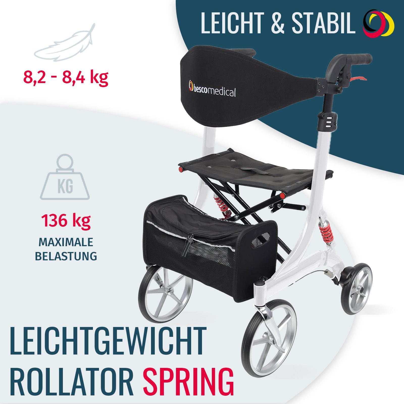 bescomedical Rollator SPRING, Leichtgewicht Gehhilfe - Modell L Sitzhöhe 60 cm, mit Komfort-Federung