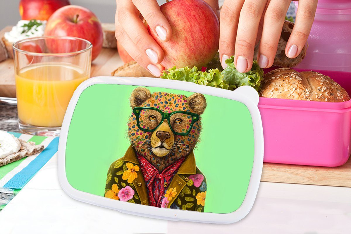 Kunststoff, Snackbox, Brillen Brotbox - Lunchbox MuchoWow Mädchen, (2-tlg), Erwachsene, - Farben rosa Brotdose Kunststoff - für Kinder, Blumen, - Tier Bär