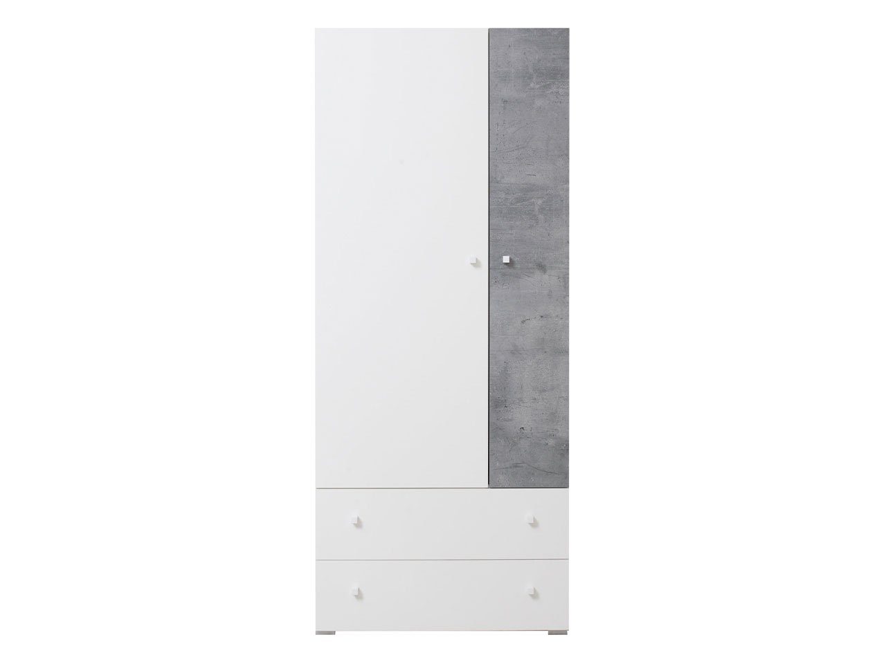 Mirjan24 Kleiderschrank Sigma 03 L / P (mit 2 Türen und 2 Schubladen) mit Kleiderstange, Tür universell, Metallgriffe Weiß / Weiß + Beton
