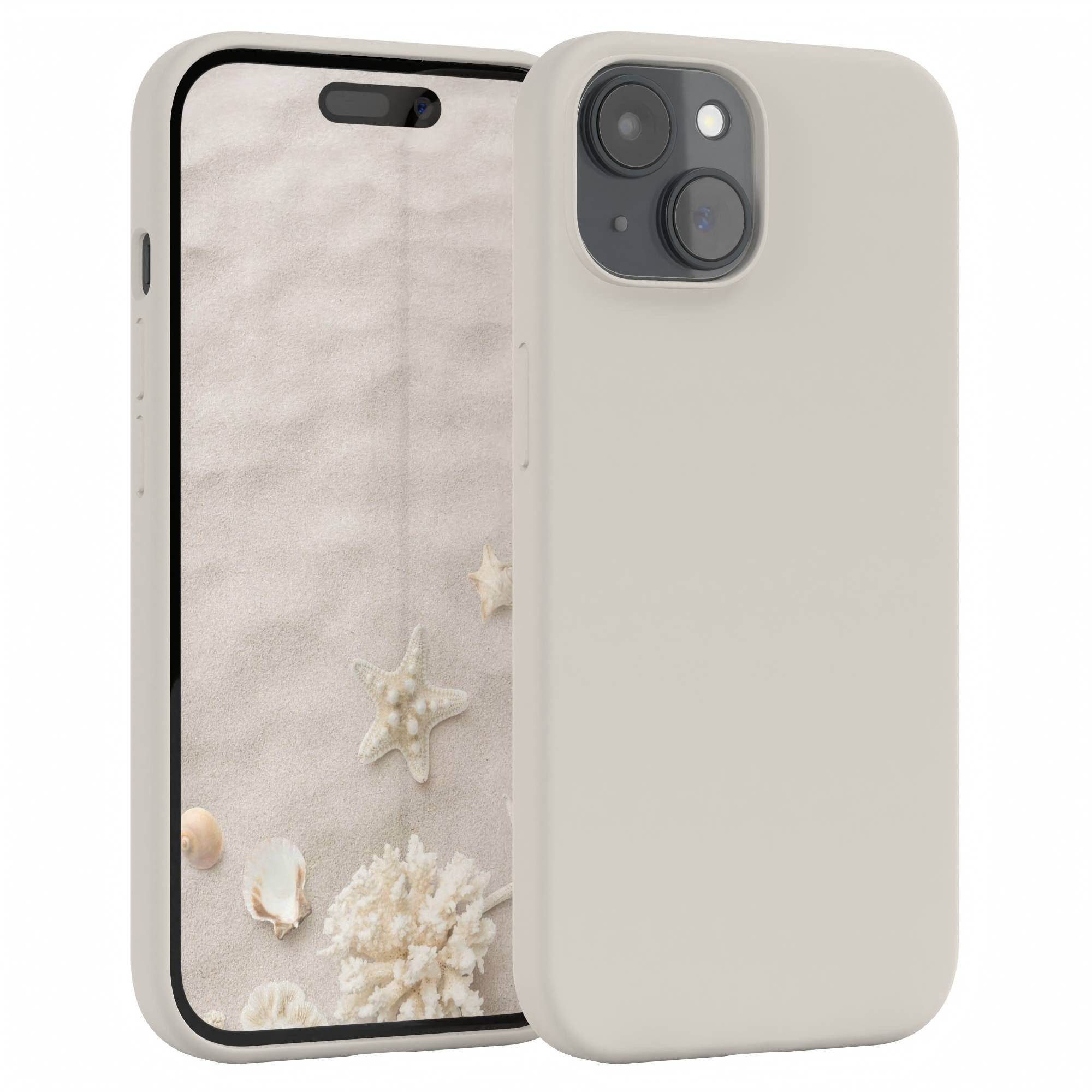 EAZY CASE Handyhülle Premium Silikon Case für Apple iPhone 15 6,1 Zoll, Hülle Silikon mit Displayschutz Handy Softcase Slimcover Taupe / Beige