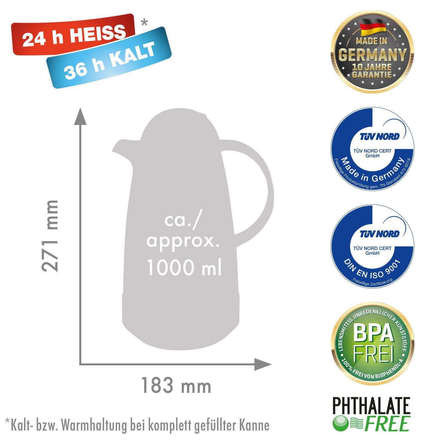 ROTPUNKT Isolierkanne 1,0 ltr. hochwertig I Glaseinsatz I BPA Frei I Made in Germany, 1,0 l, (Kaffeekanne I Teekanne, black/bottlepop), Glaskolben aus doppelwandigem Rosalin-Glas